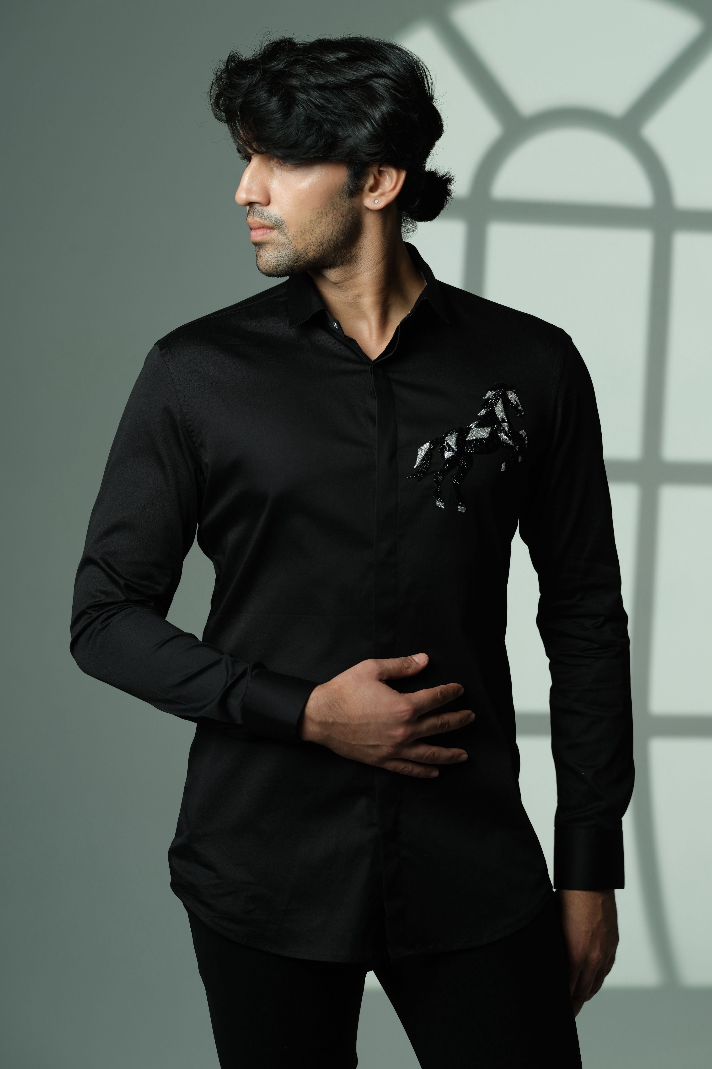 Black Shirt With 3D Horse On Pocket Square