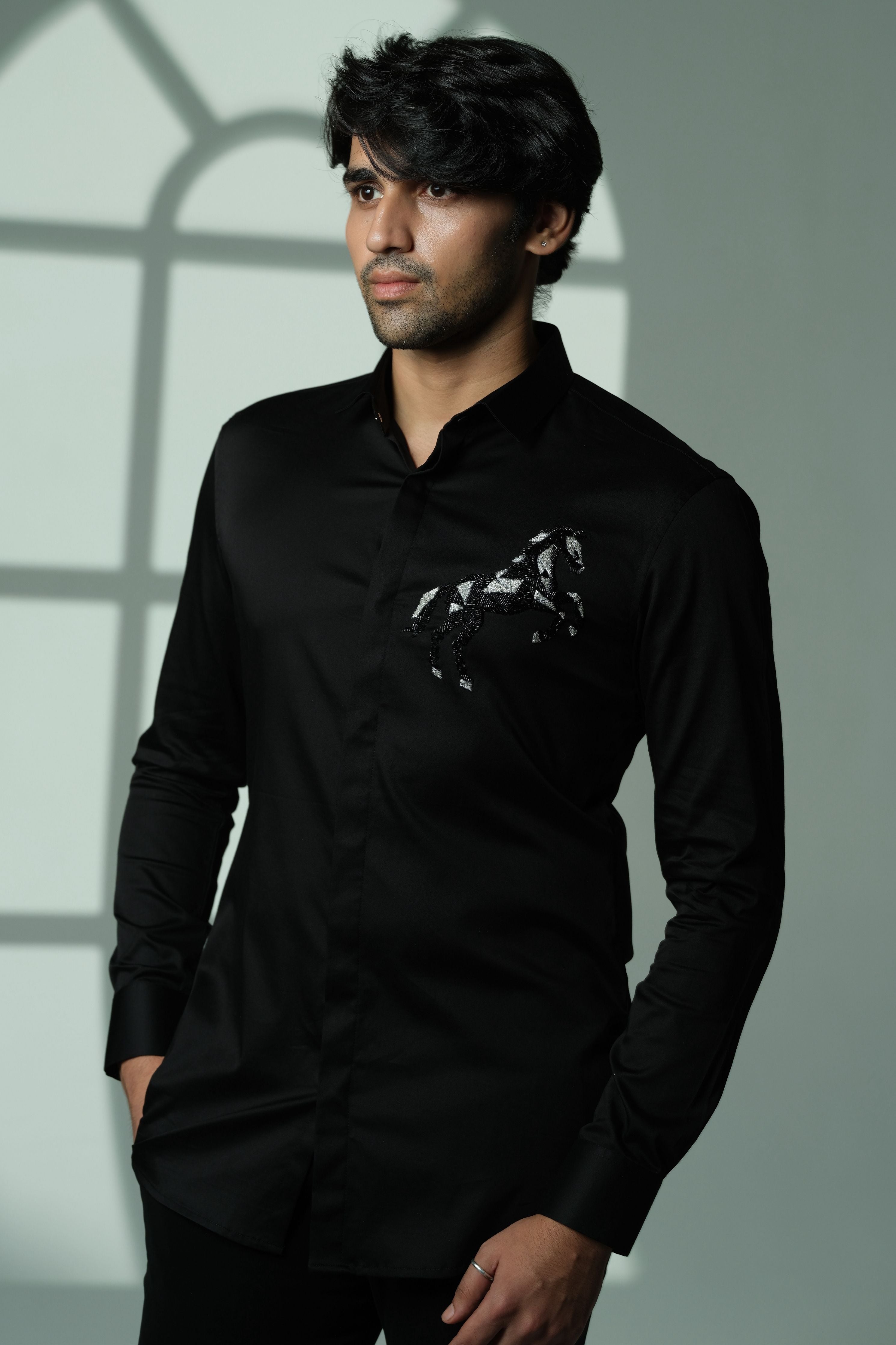 Black Shirt With 3D Horse On Pocket Square