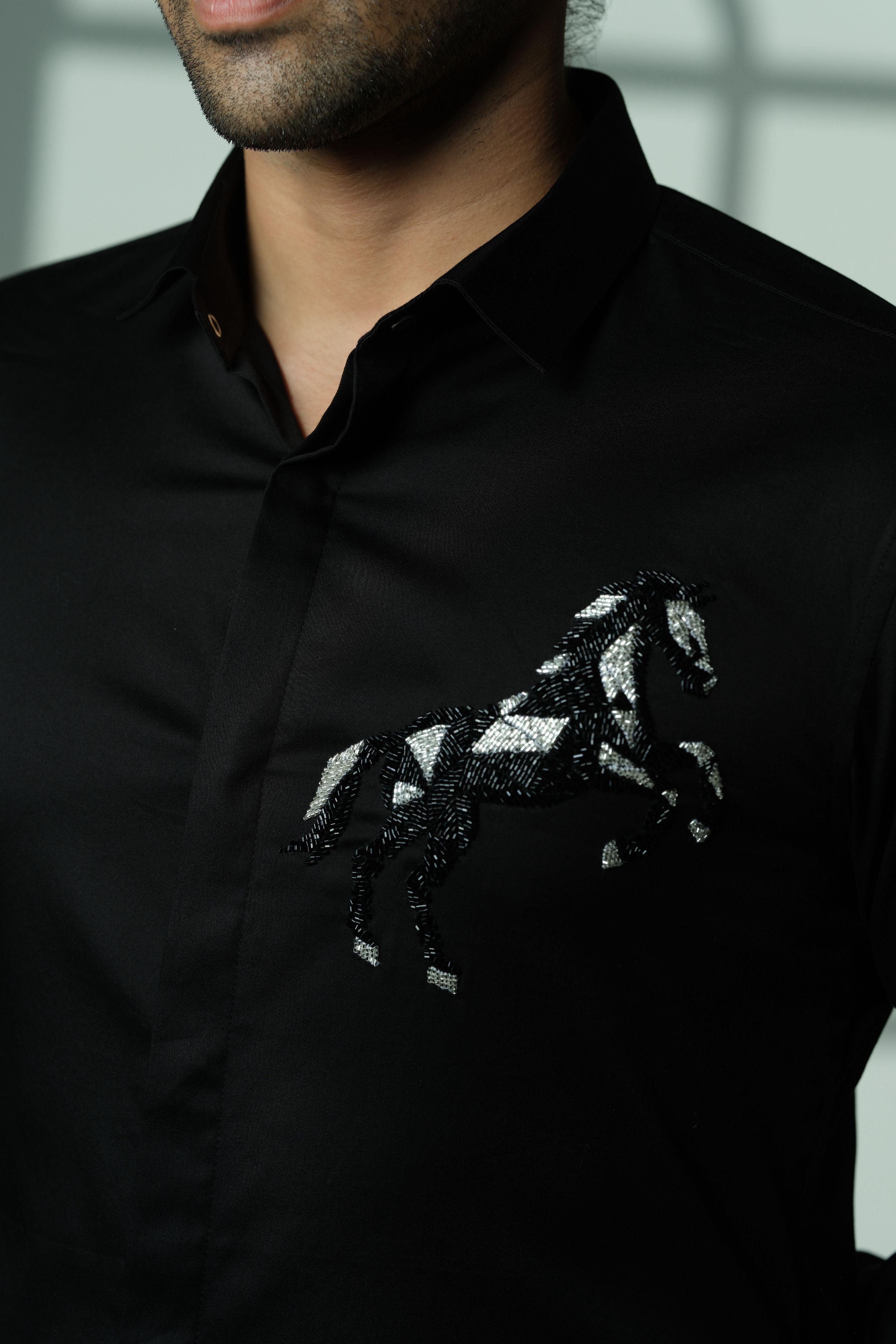 Black Shirt With 3D Horse On Pocket Square