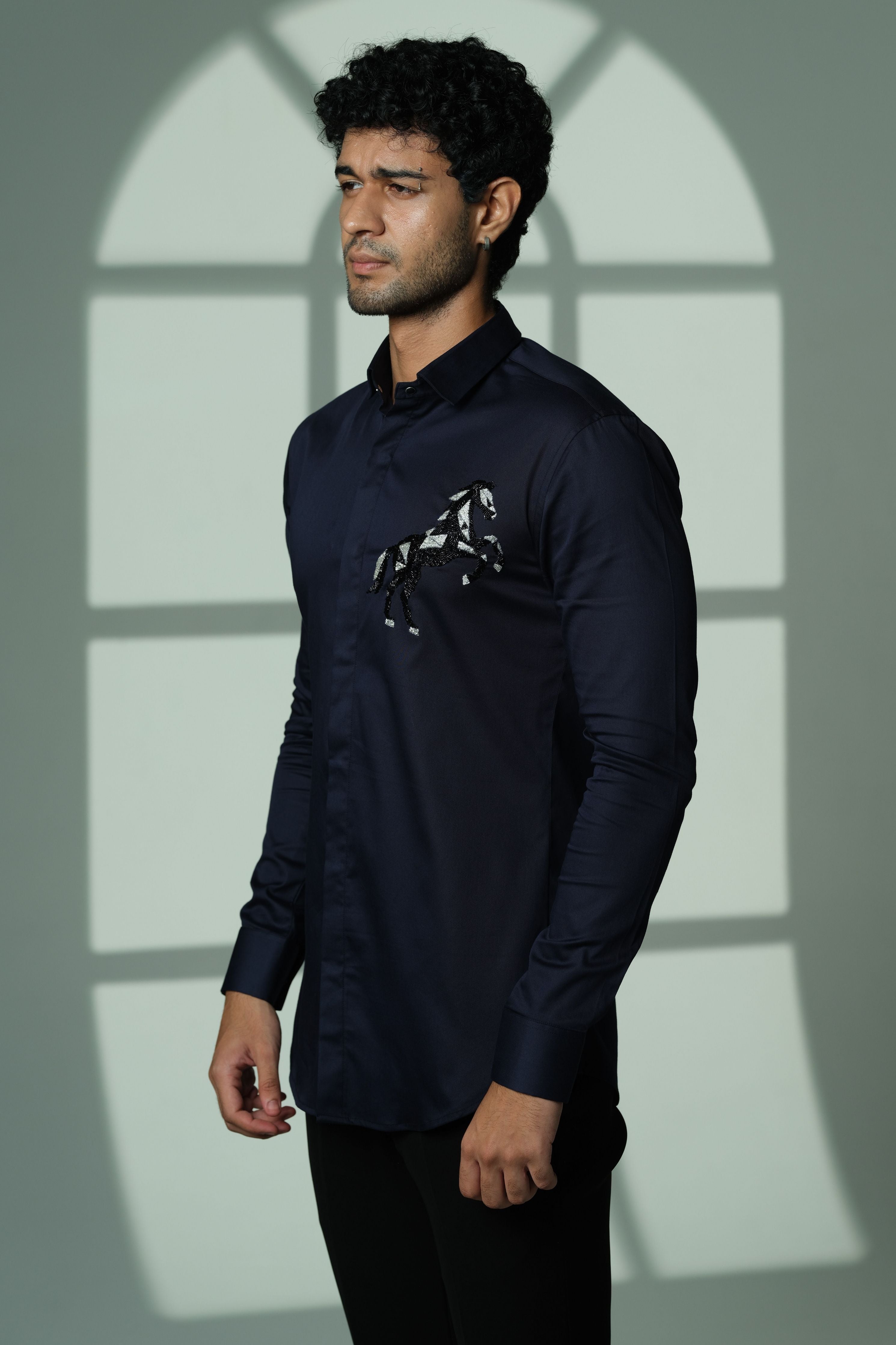 Navy Blue Shirt With 3D Horse On Pocket Square