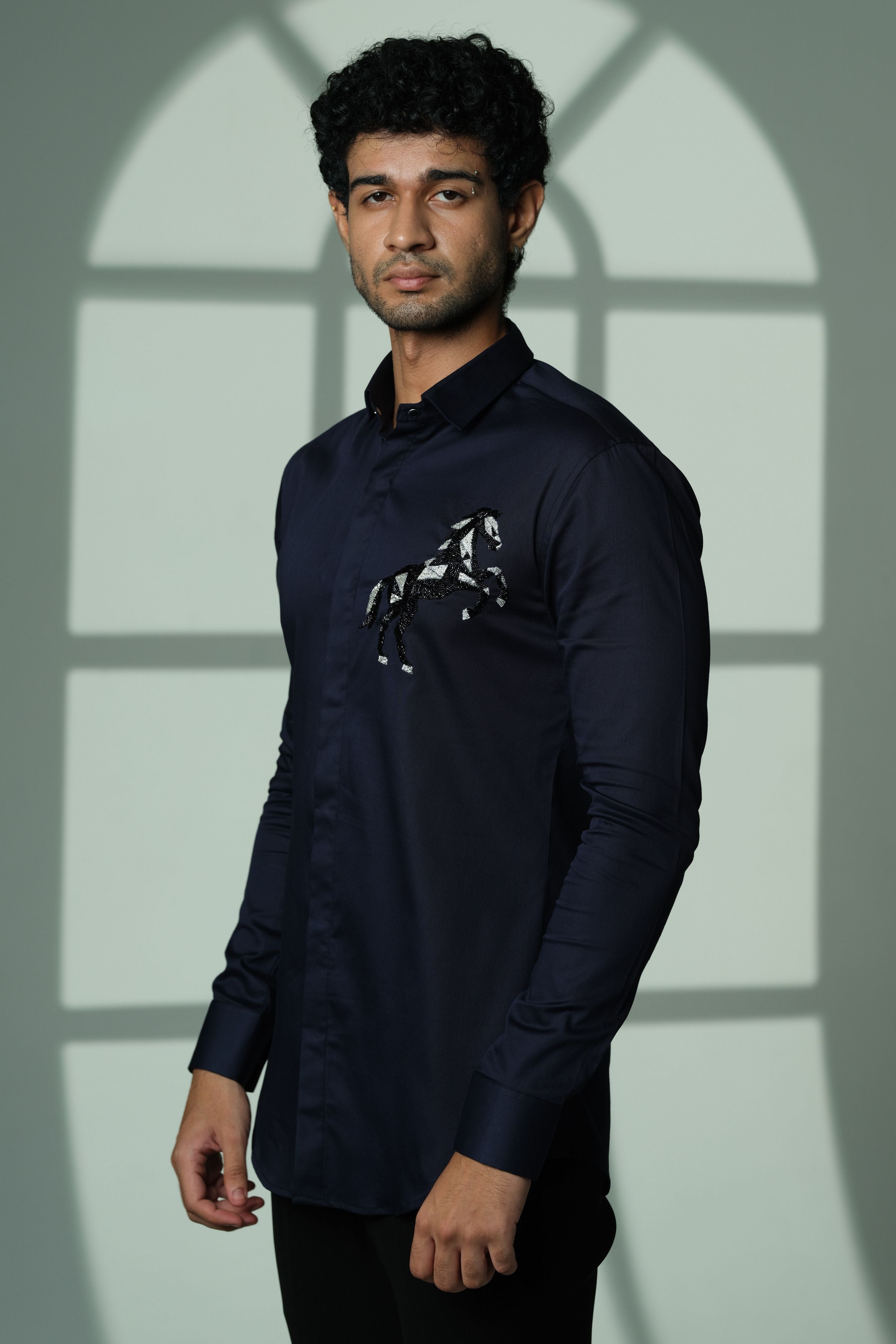 Navy Blue Shirt With 3D Horse On Pocket Square