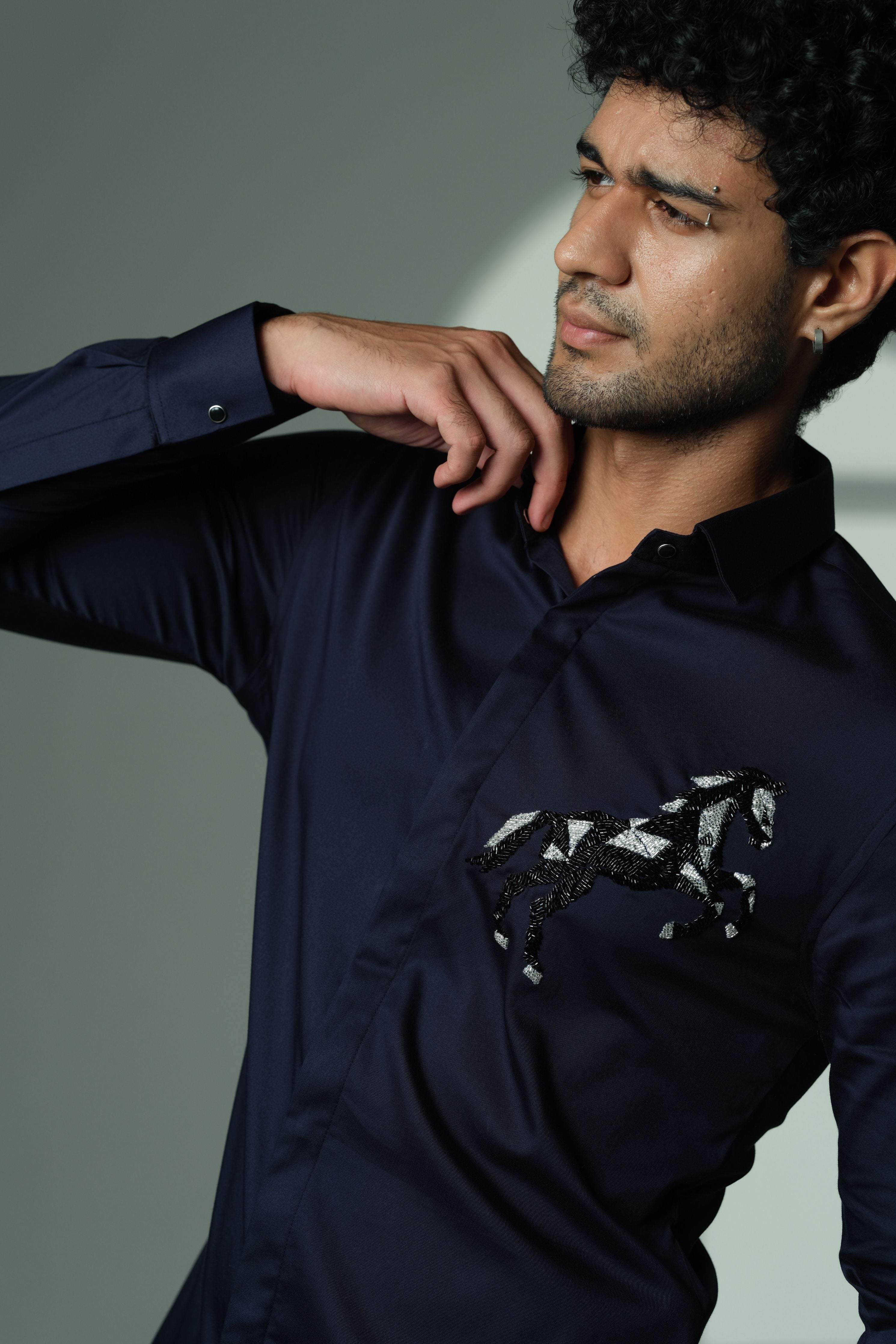 Navy Blue Shirt With 3D Horse On Pocket Square