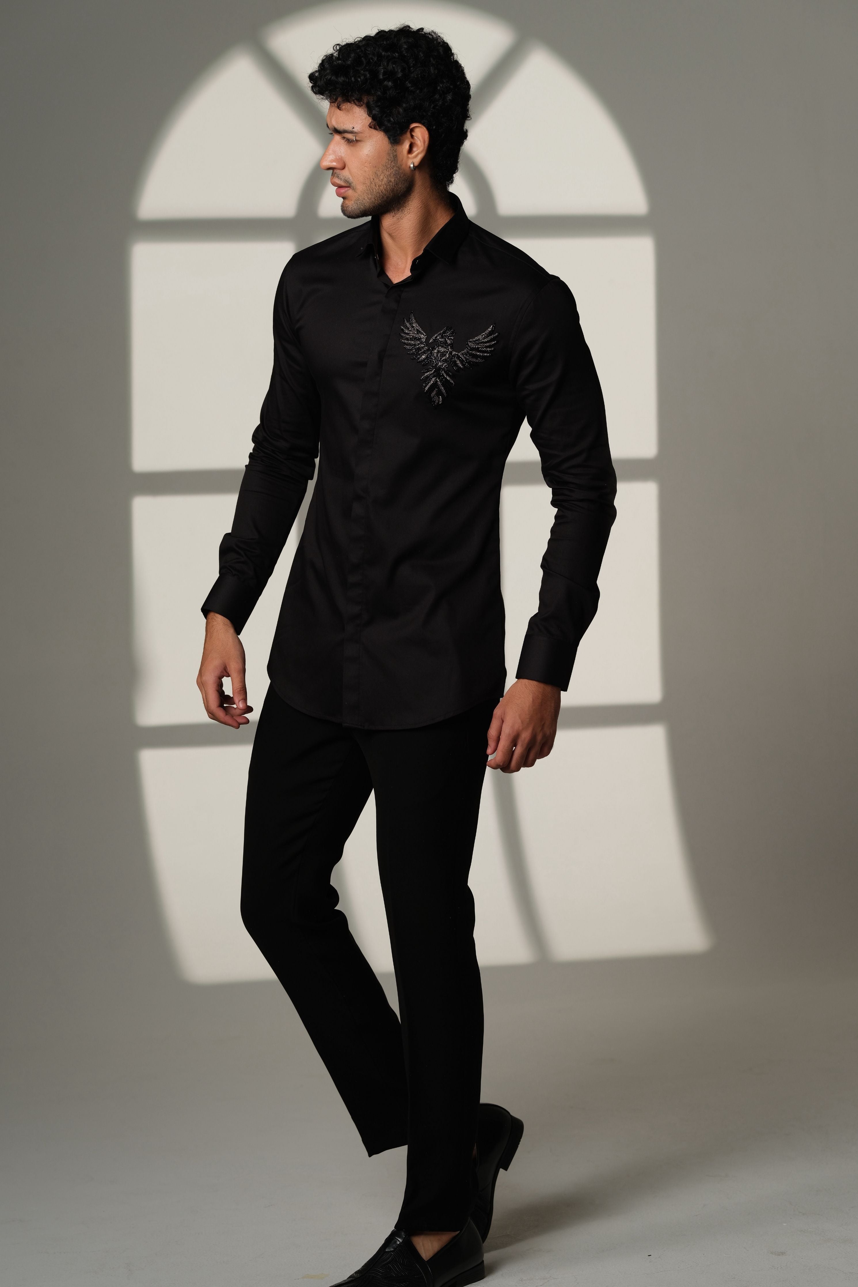 Black Shirt With 3D Phoenix On Pocket Square