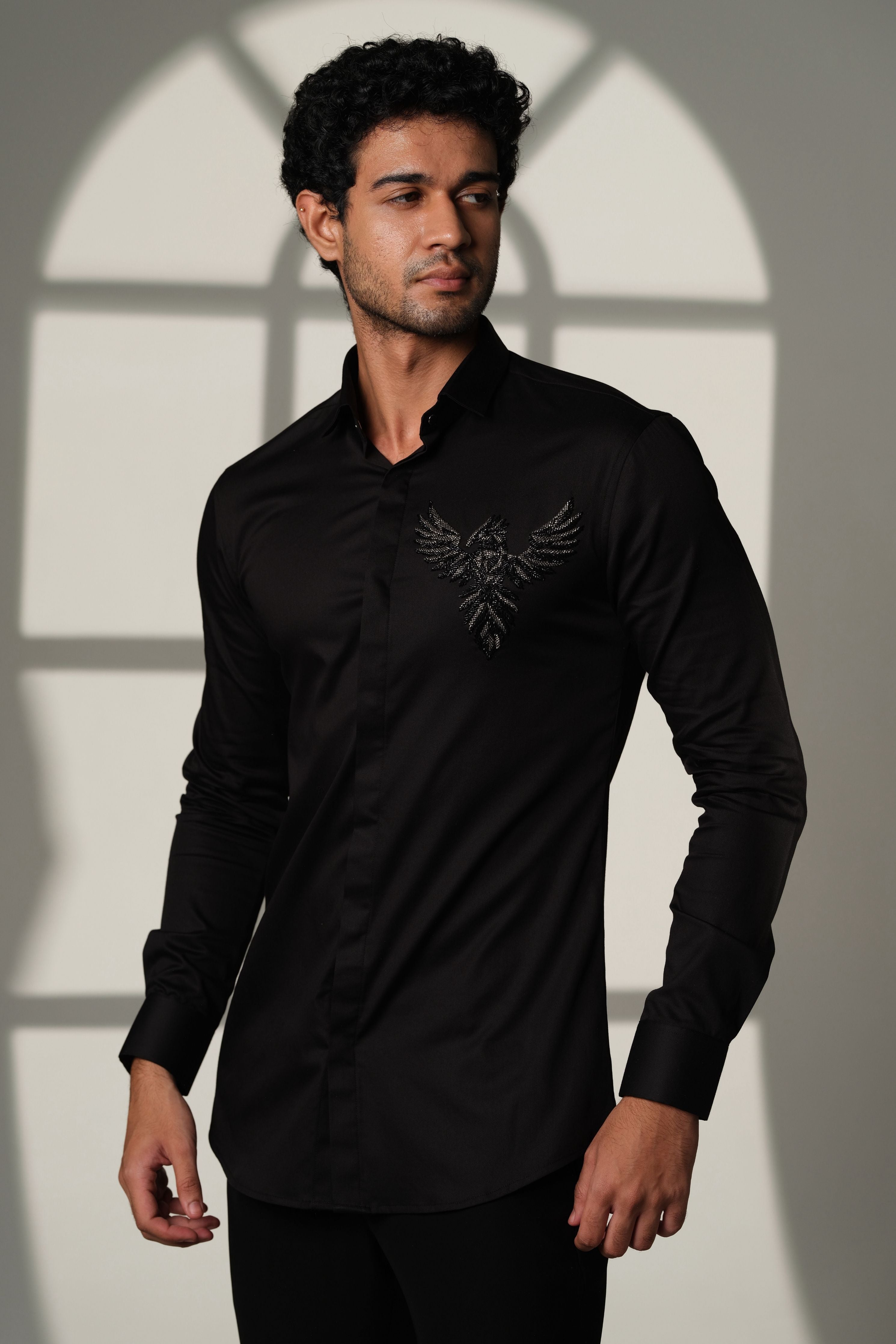 Black Shirt With 3D Phoenix On Pocket Square