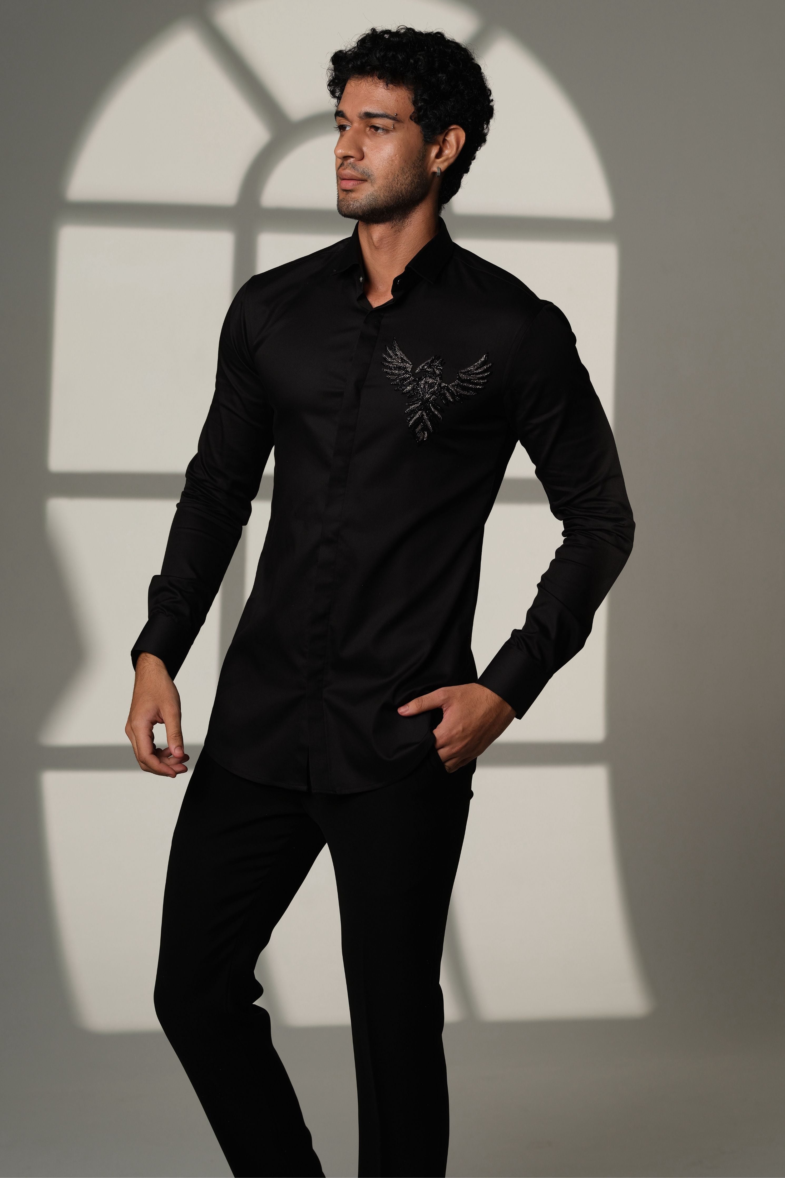 Black Shirt With 3D Phoenix On Pocket Square