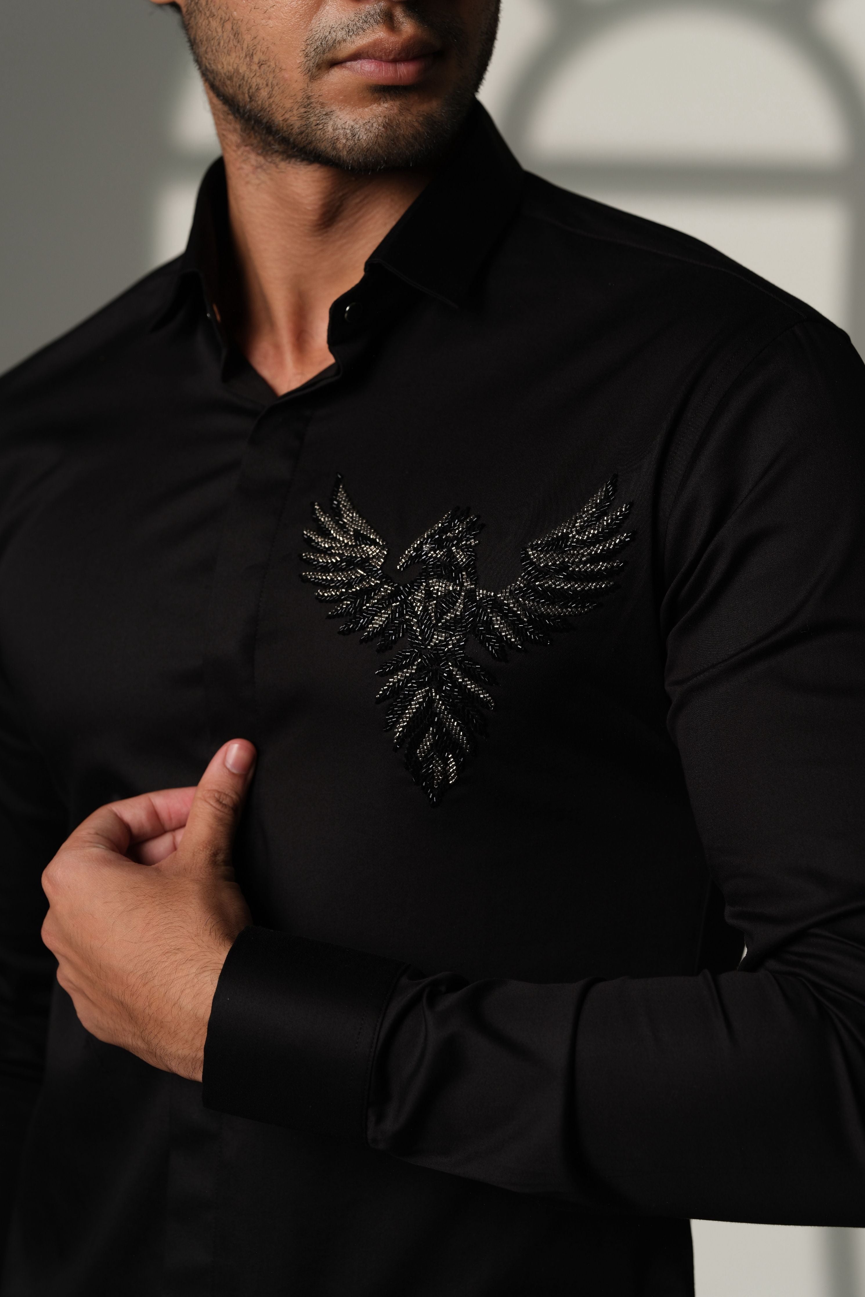 Black Shirt With 3D Phoenix On Pocket Square