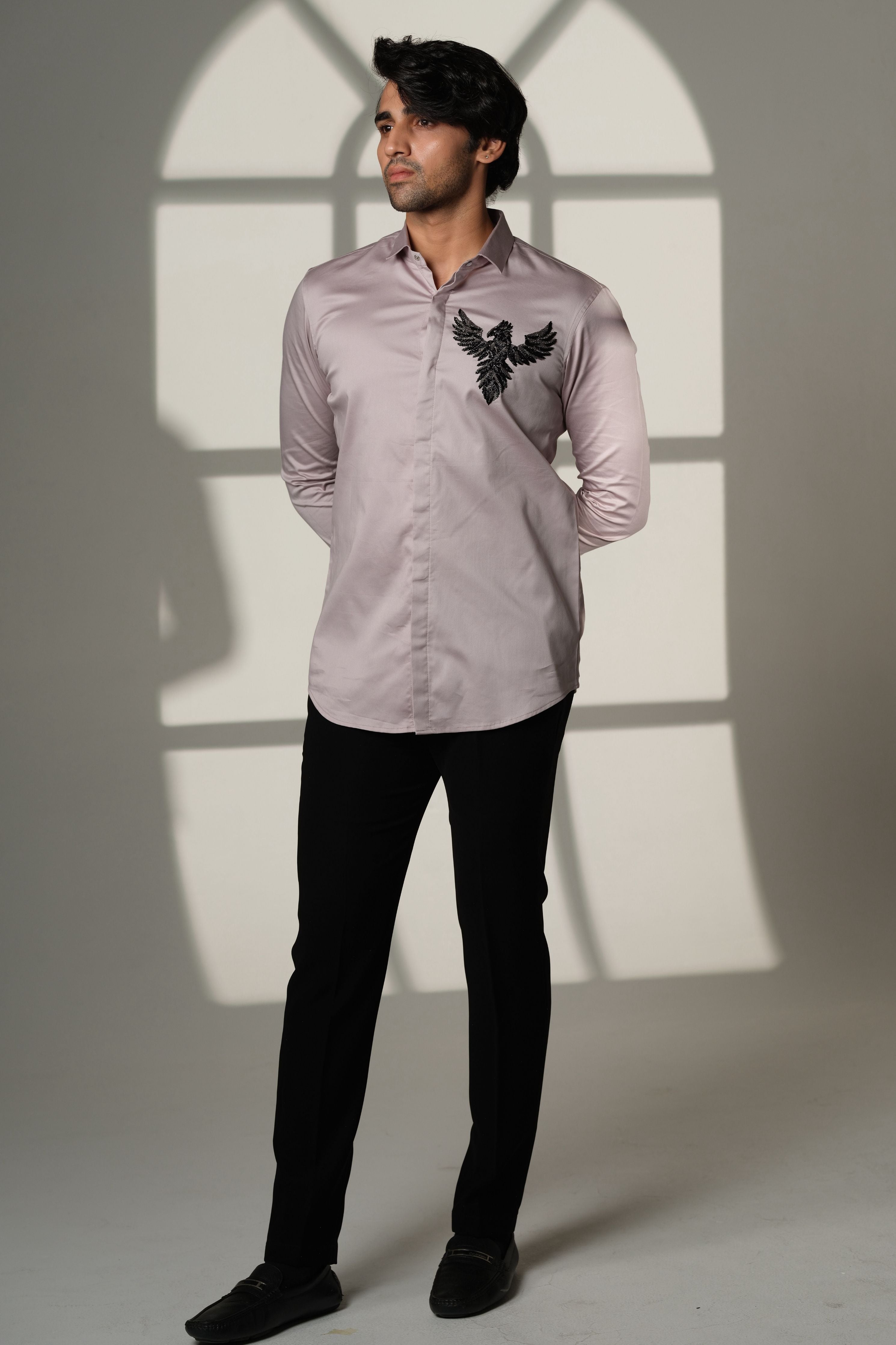 Grey Shirt With 3D Phoenix On Pocket Square