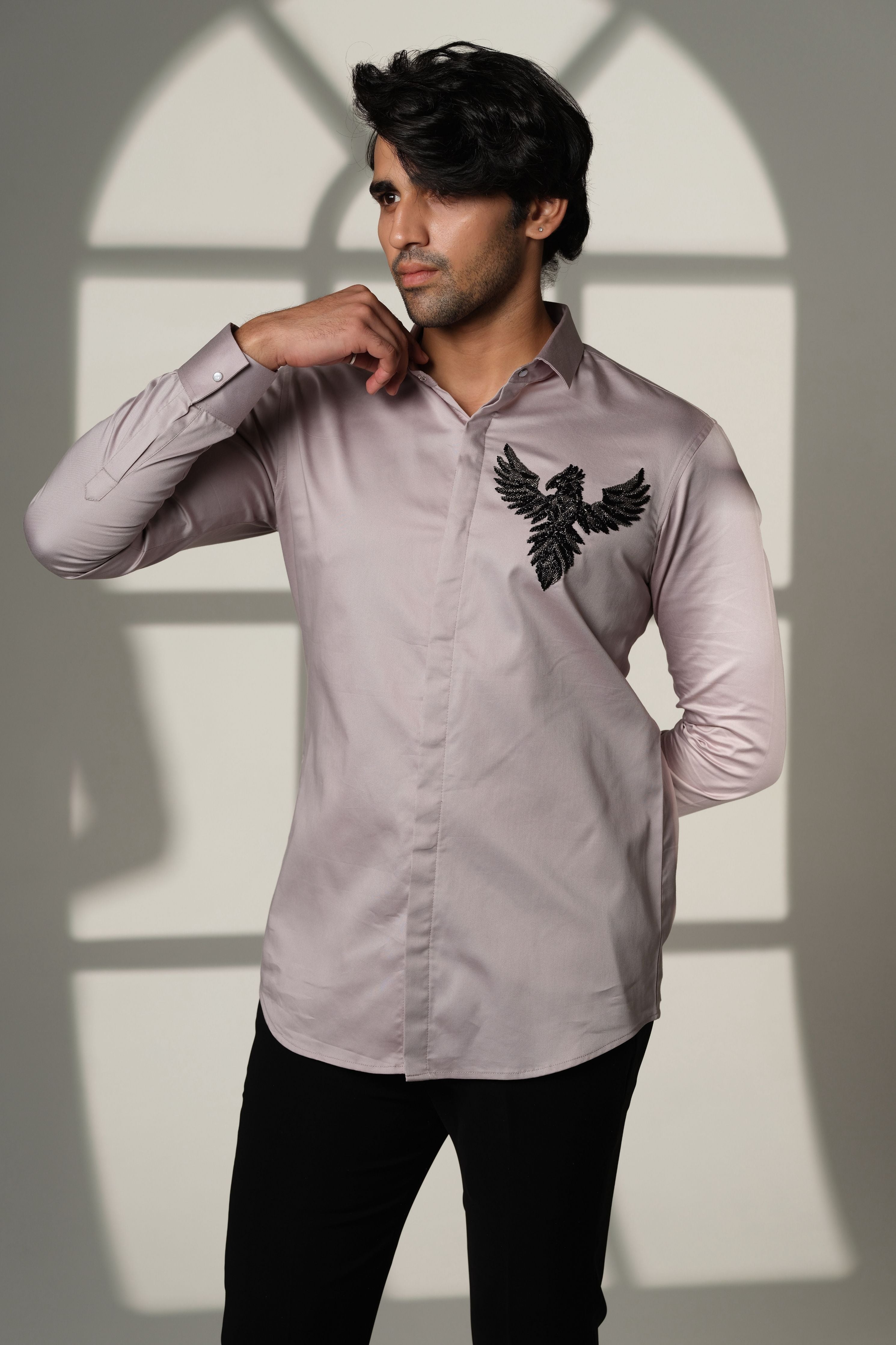 Grey Shirt With 3D Phoenix On Pocket Square