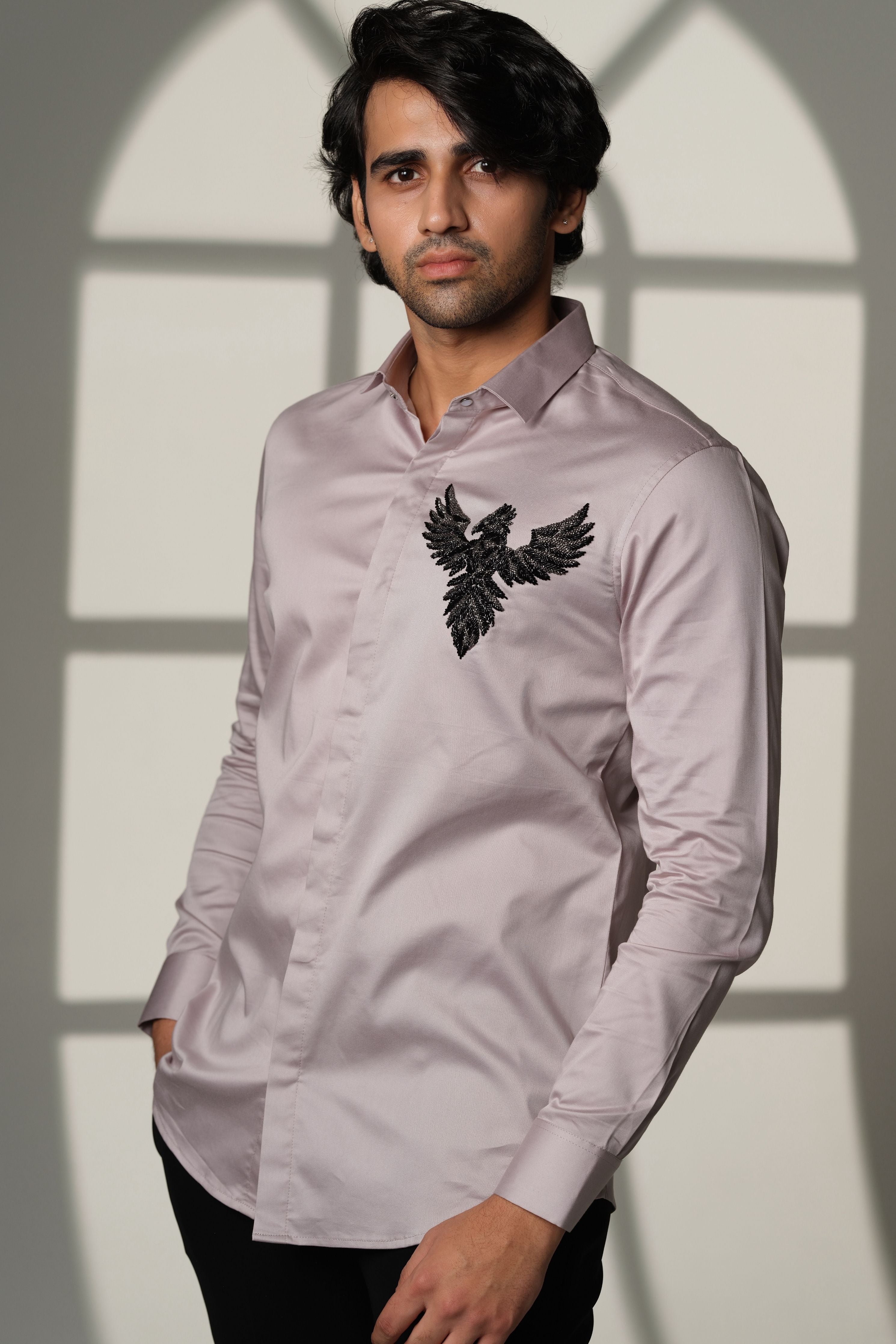 Grey Shirt With 3D Phoenix On Pocket Square