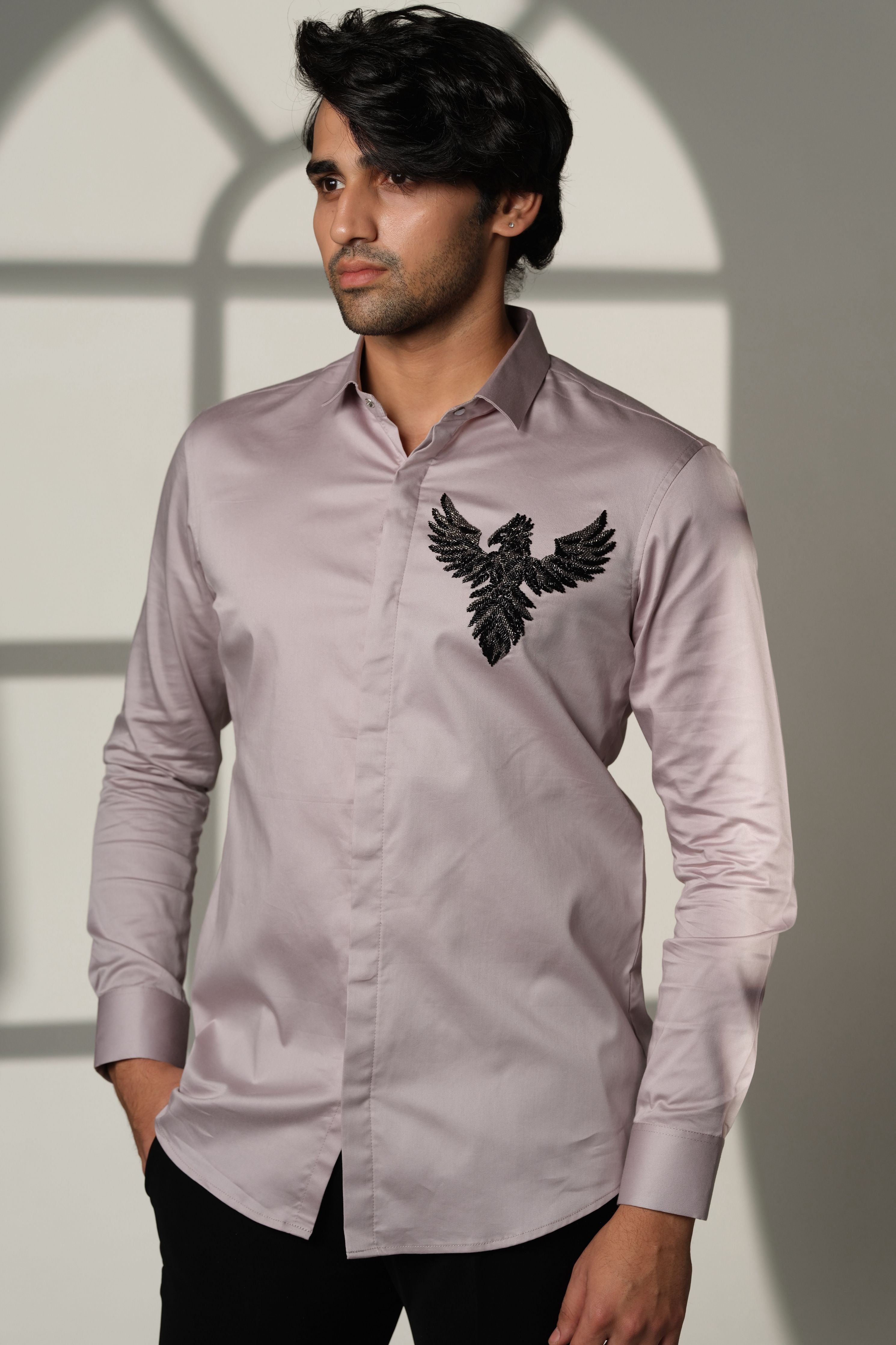 Grey Shirt With 3D Phoenix On Pocket Square