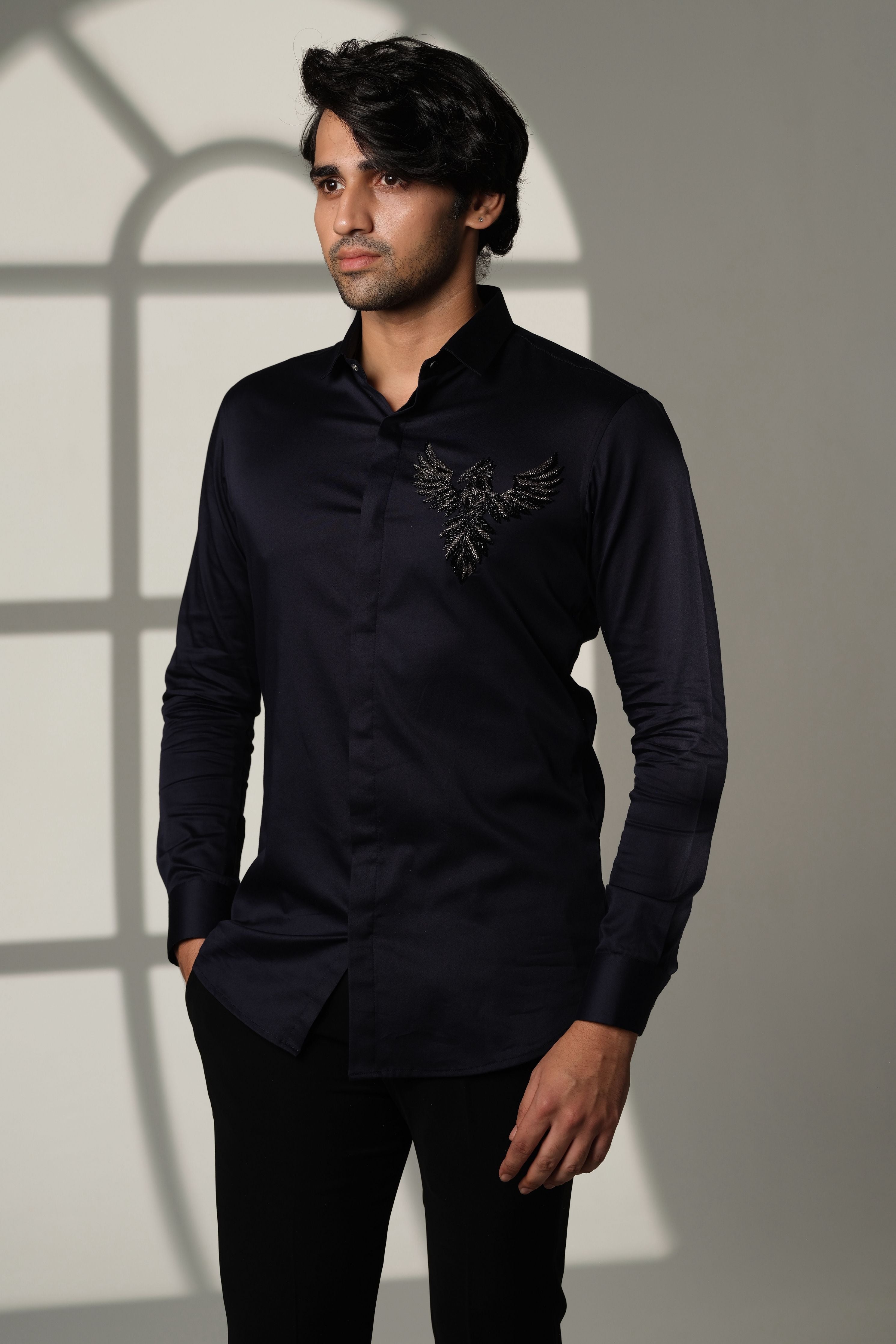 Navy Blue Shirt With 3D Phoenix On Pocket Square