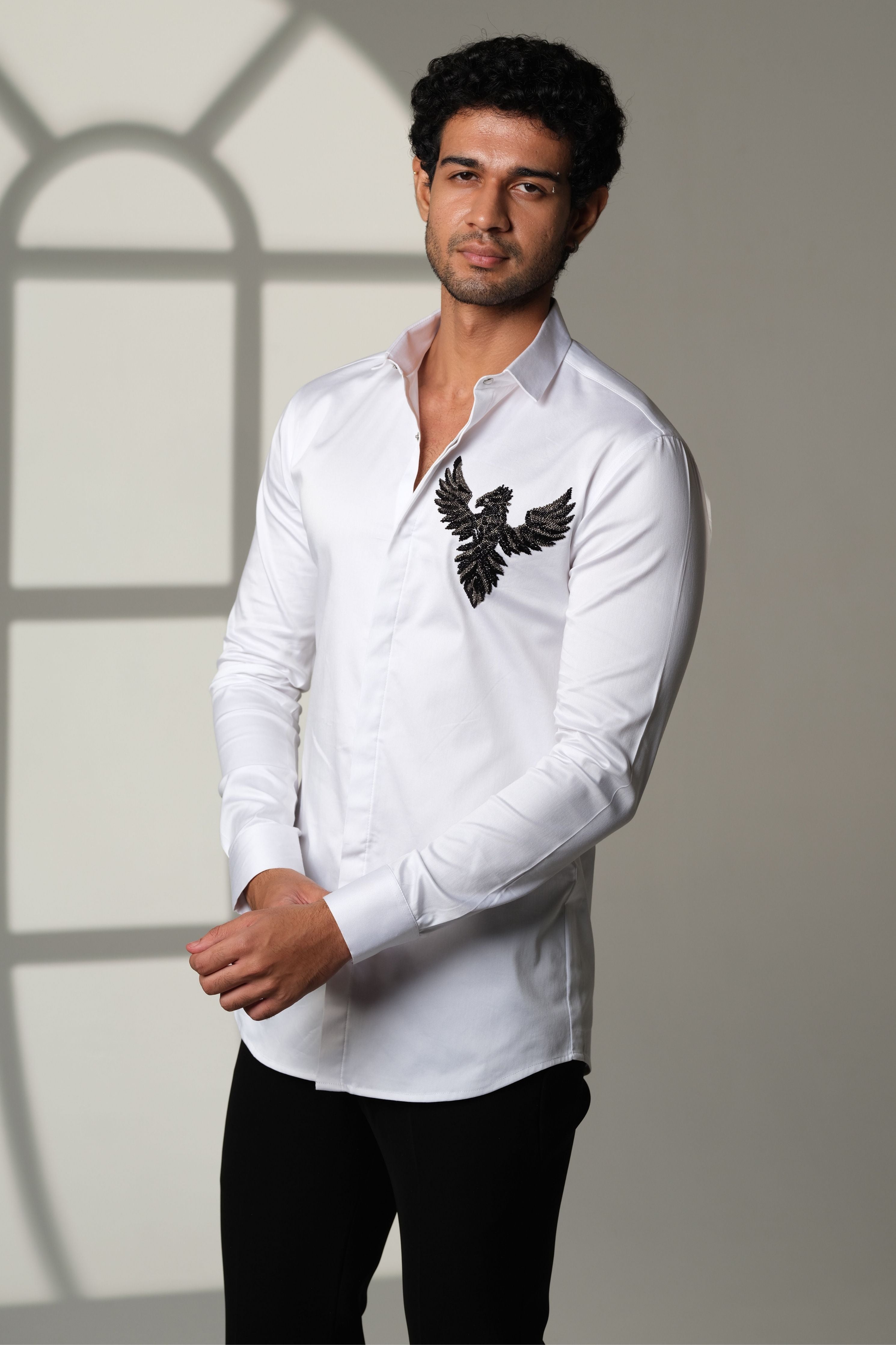 White Shirt With 3D Phoenix On Pocket Square