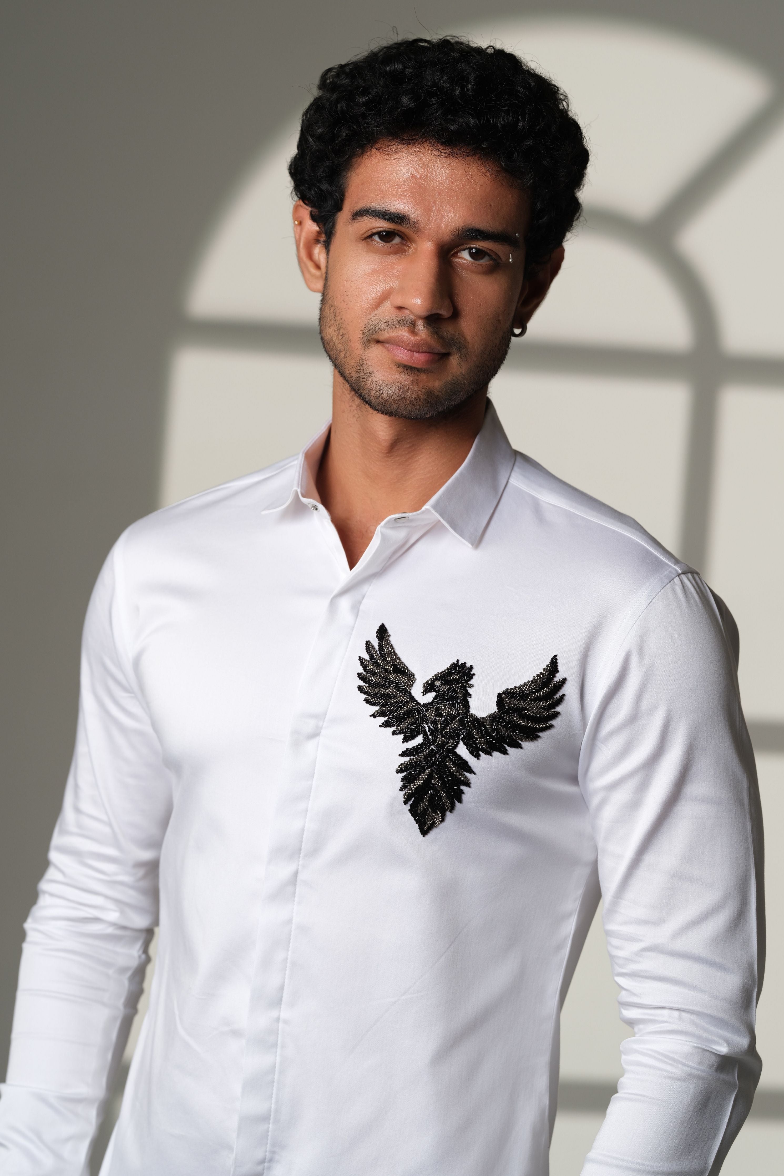 White Shirt With 3D Phoenix On Pocket Square