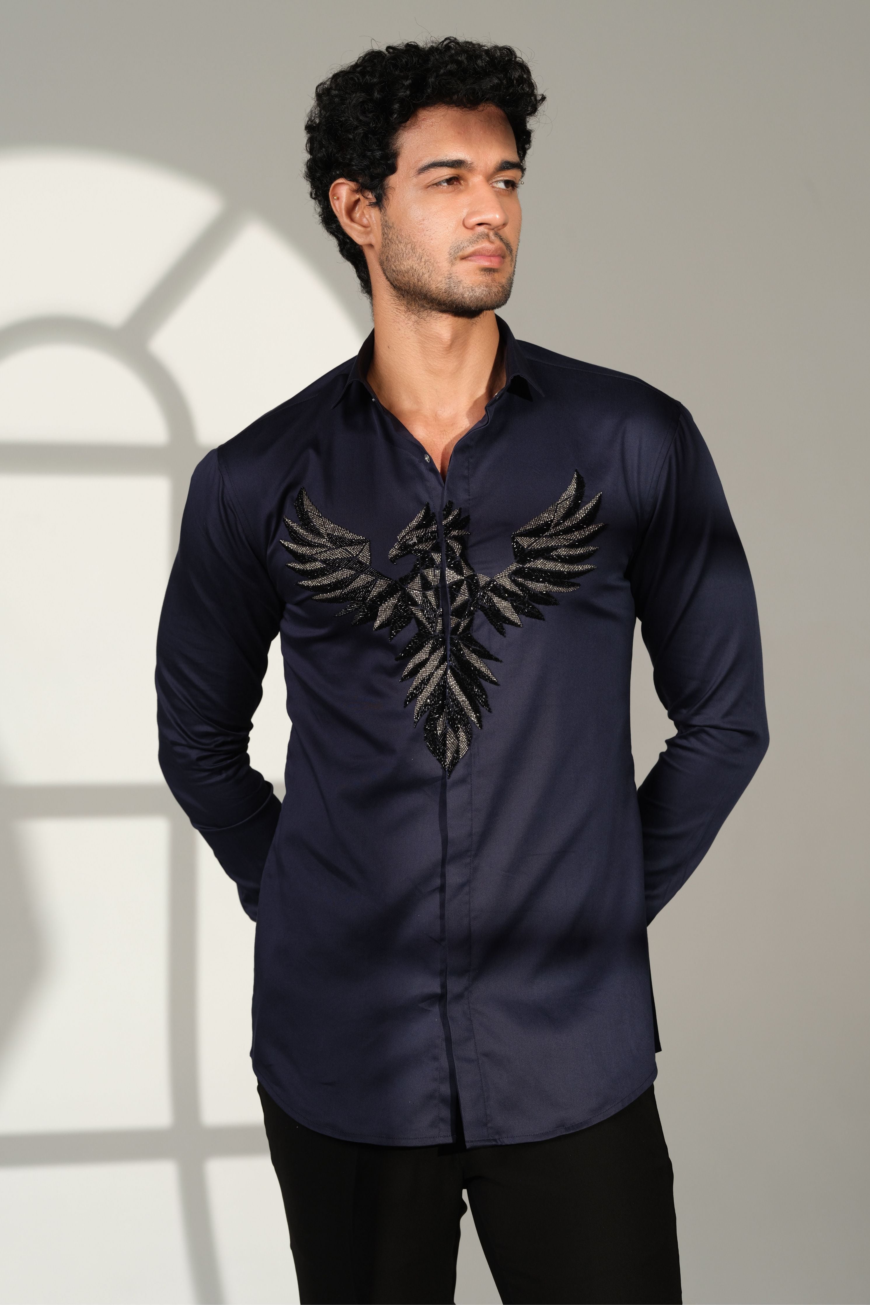 Navy Blue Shirt With 3D Pheonix On Center