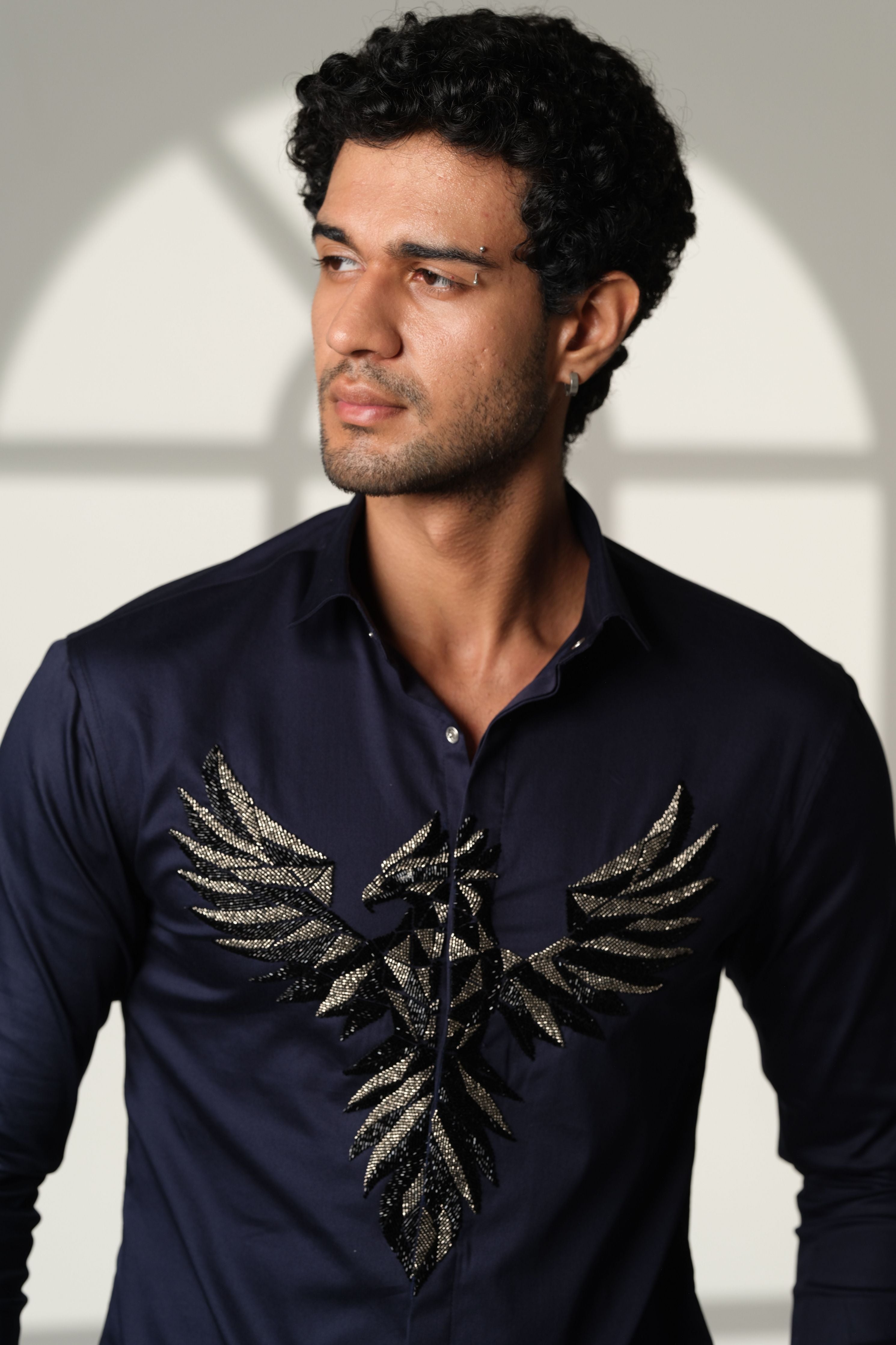 Navy Blue Shirt With 3D Pheonix On Center