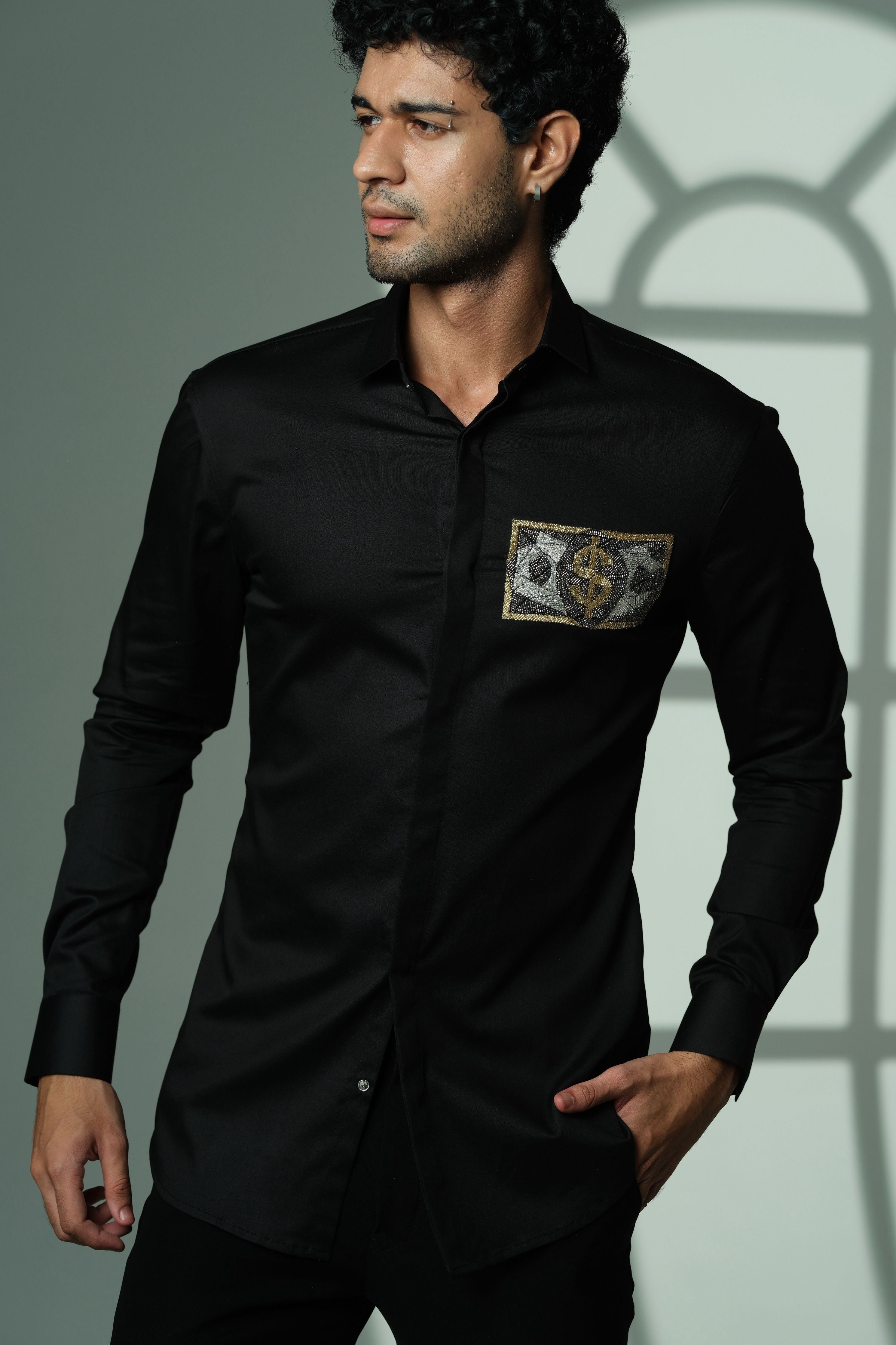 Black Shirt With Dollar On Pocket Square