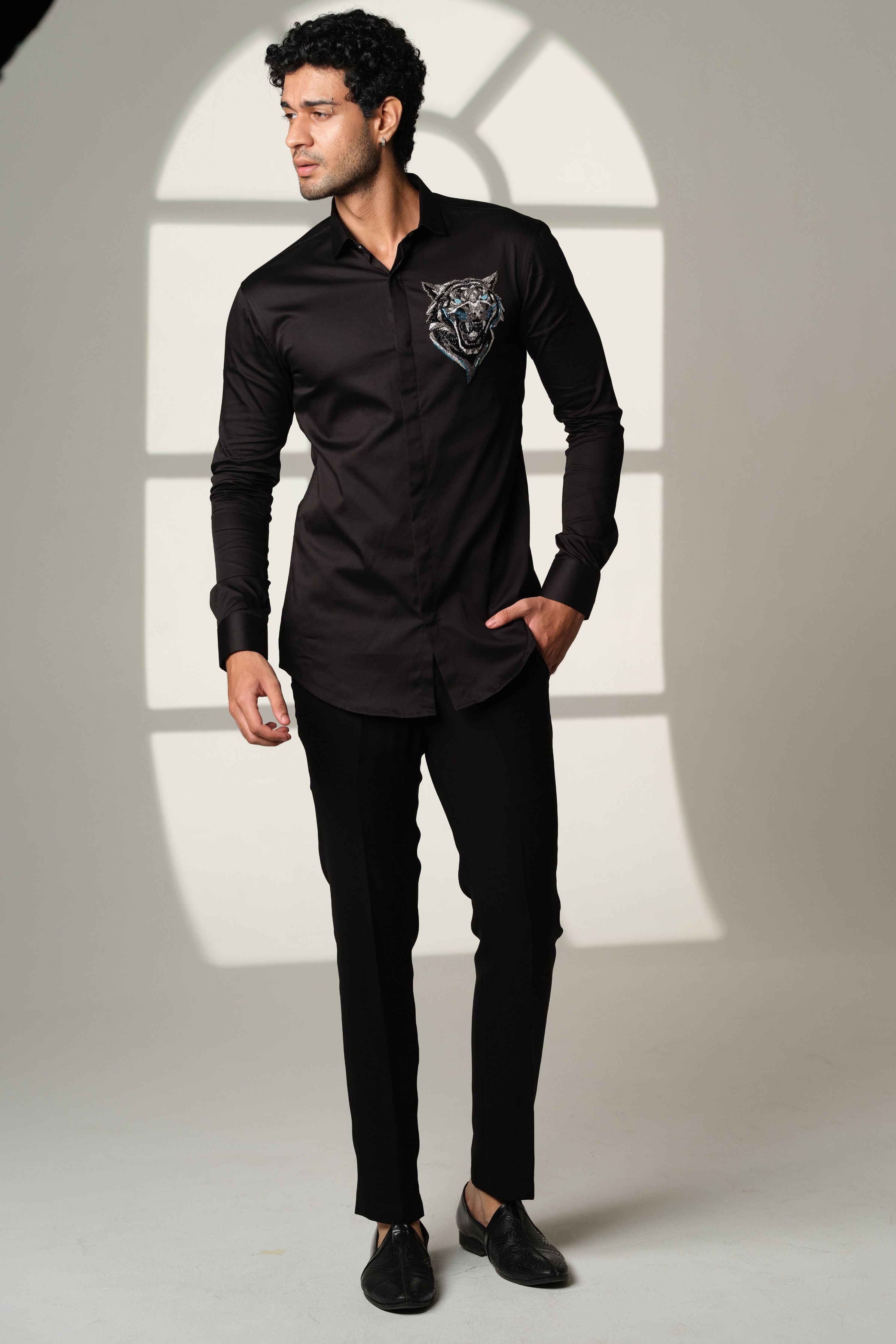 Black Shirt With Roaring Tiger Face With Blue Eyes On Pocket Square