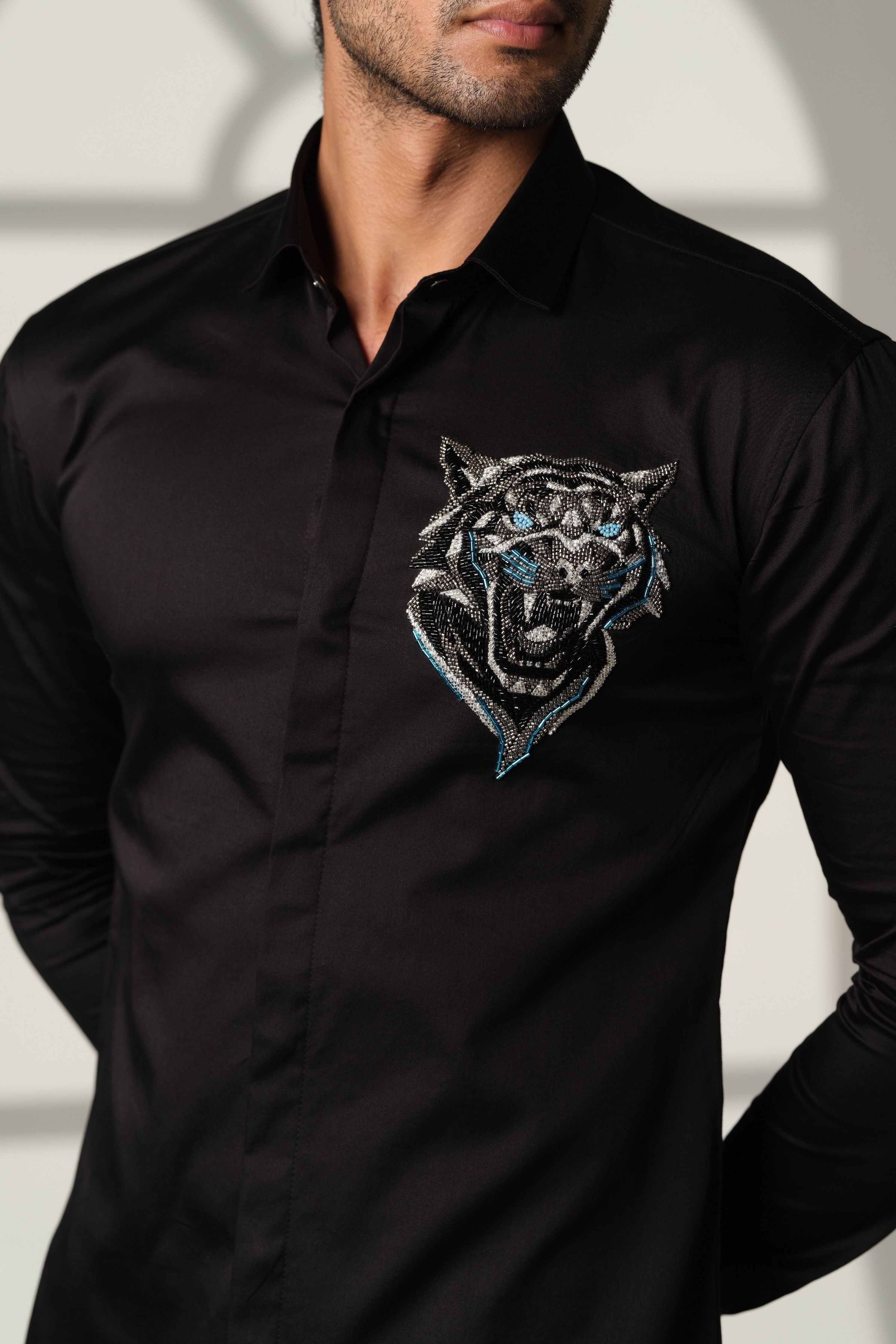 Black Shirt With Roaring Tiger Face With Blue Eyes On Pocket Square