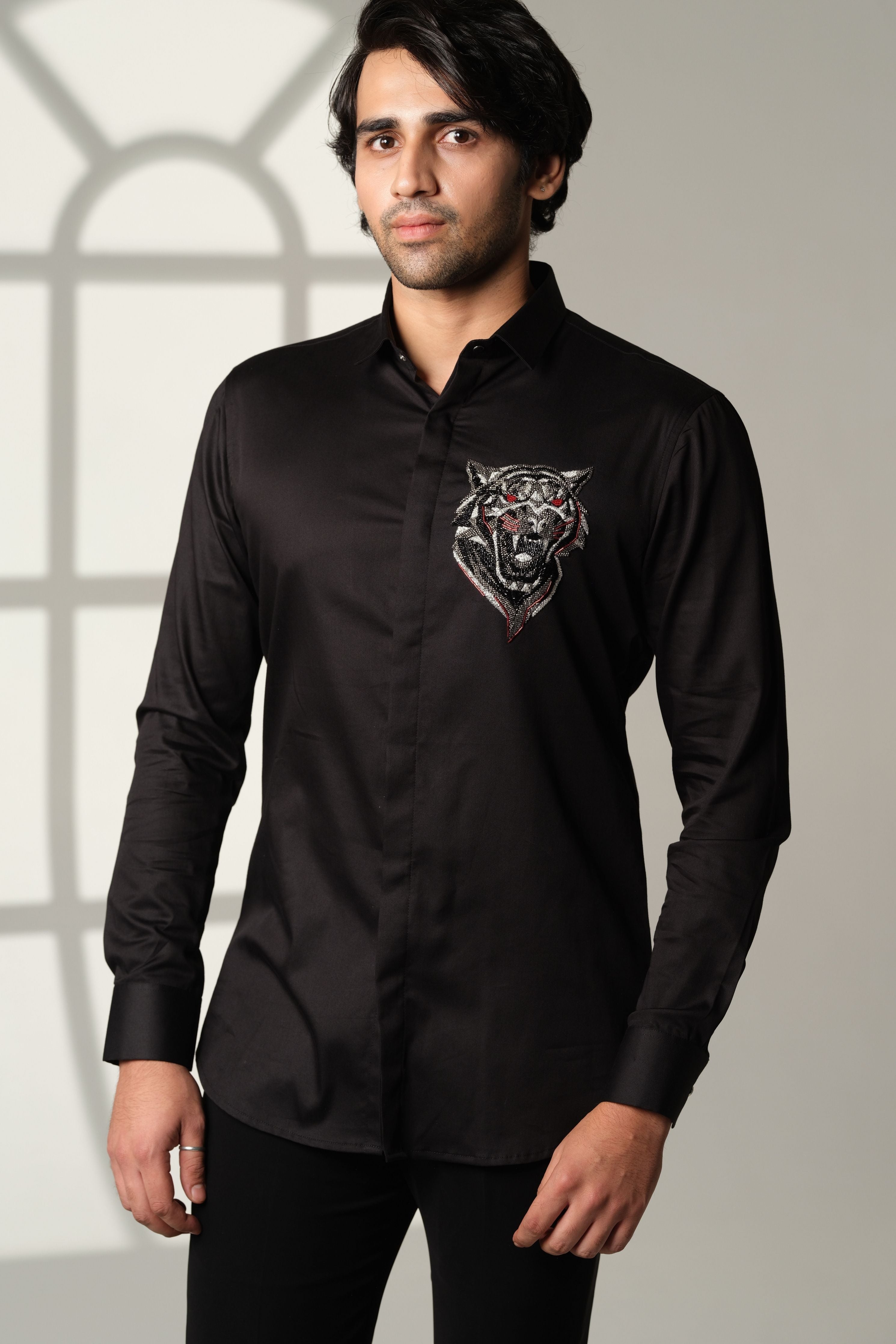 Black Shirt With Roaring Tiger Face With Red Eyes On Pocket Square