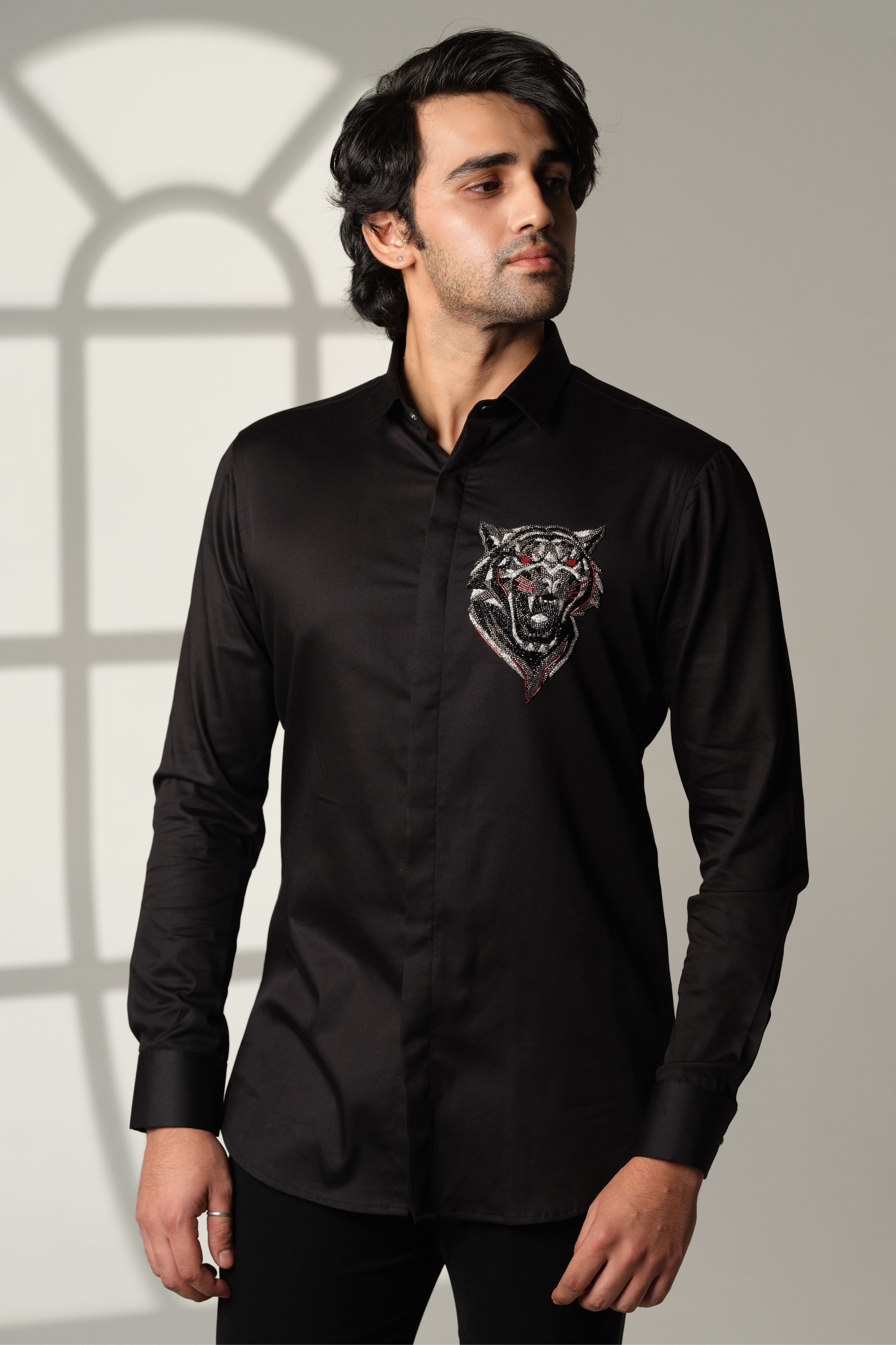Black Shirt With Roaring Tiger Face With Red Eyes On Pocket Square