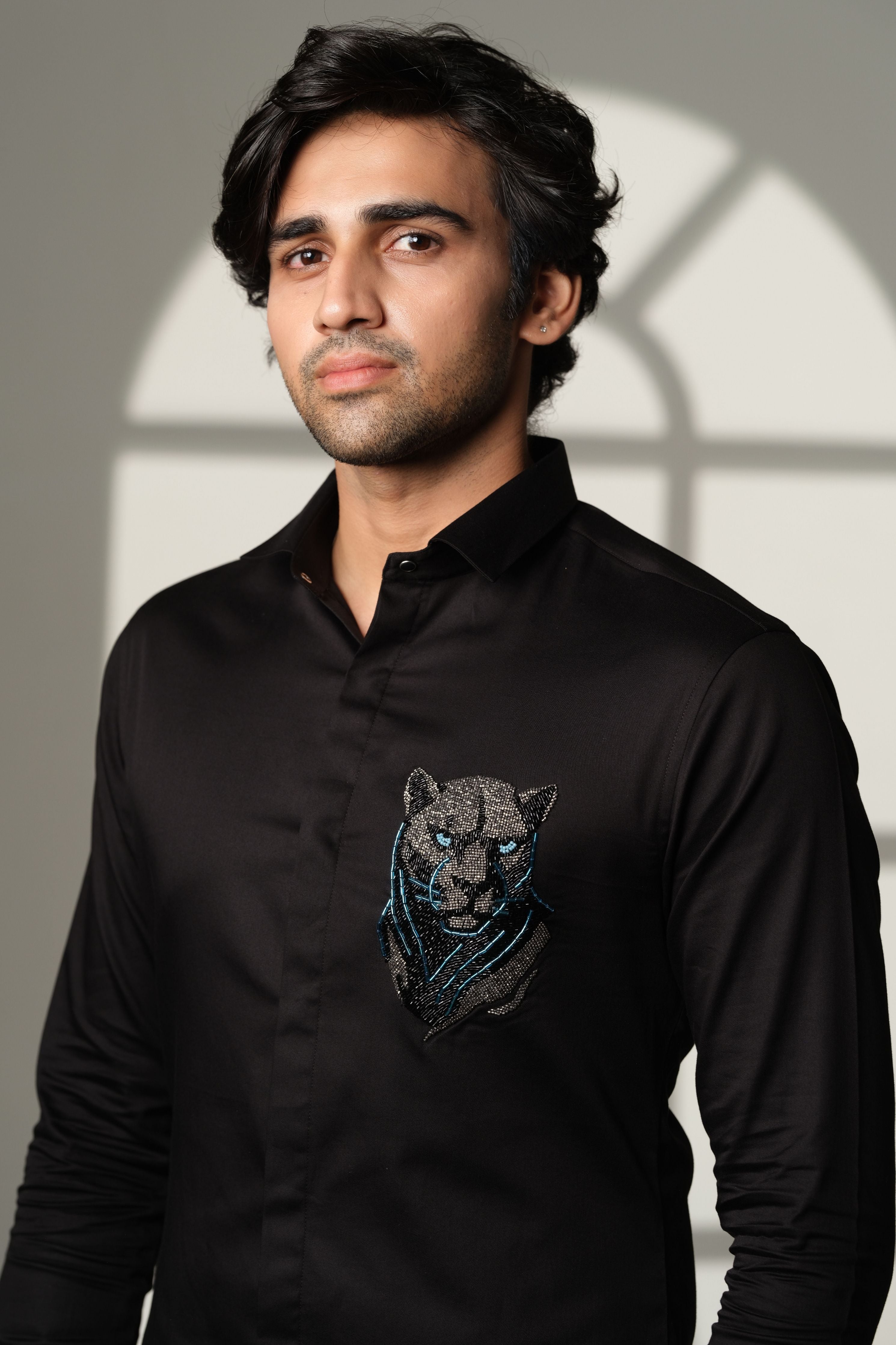 Black Shirt With 3D Panther With Blue Eye On Pocket Square