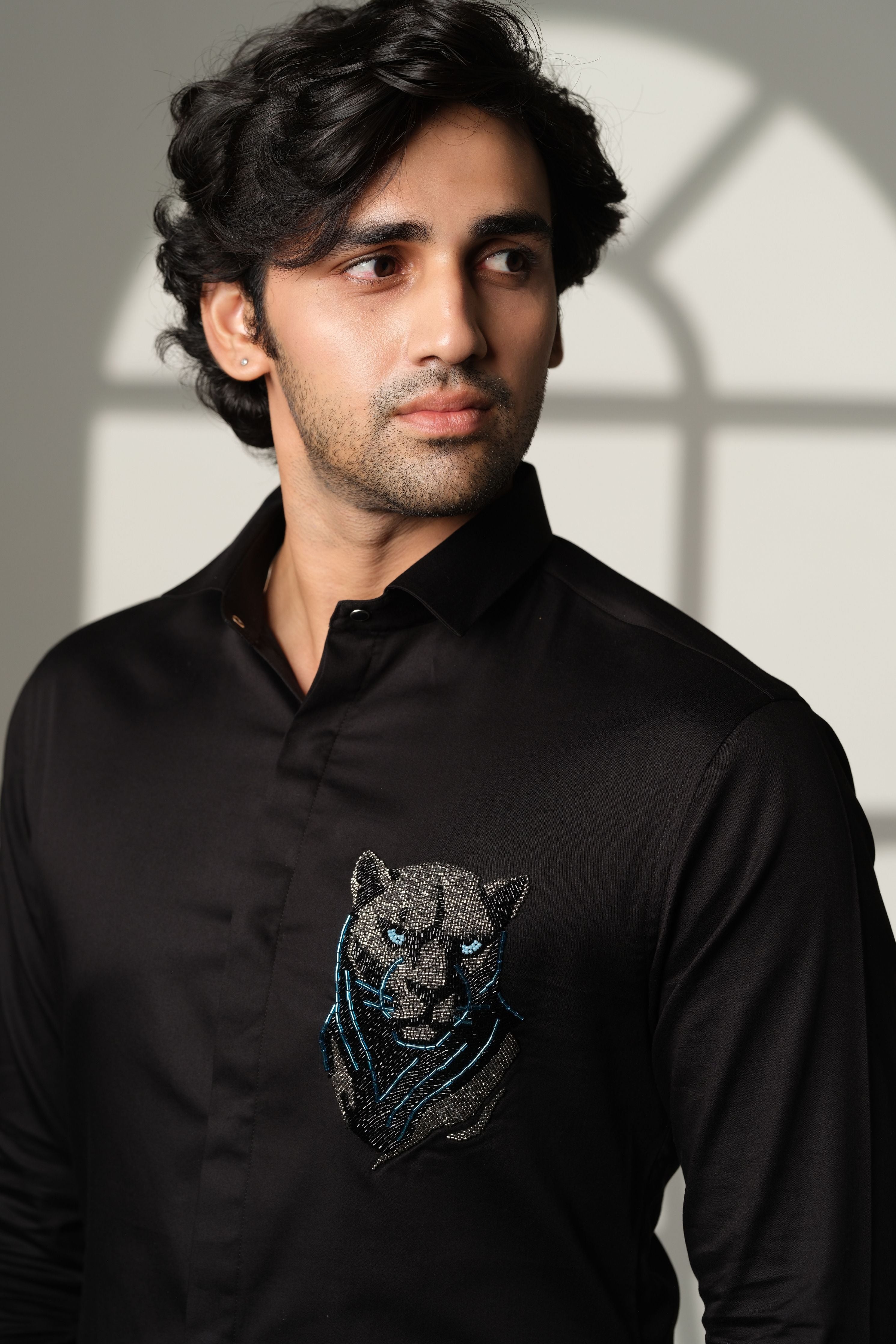 Black Shirt With 3D Panther With Blue Eye On Pocket Square
