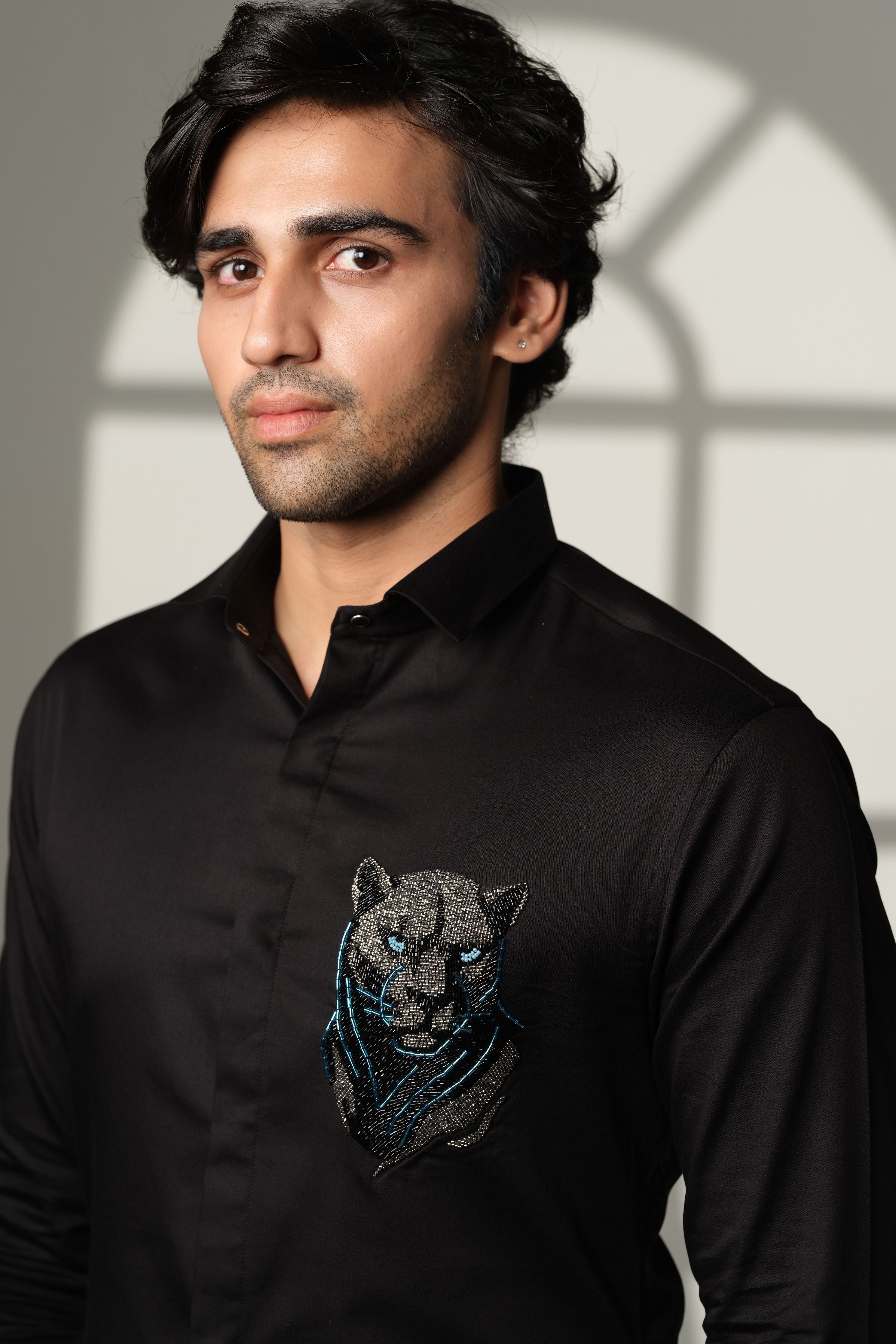 Black Shirt With 3D Panther With Blue Eye On Pocket Square