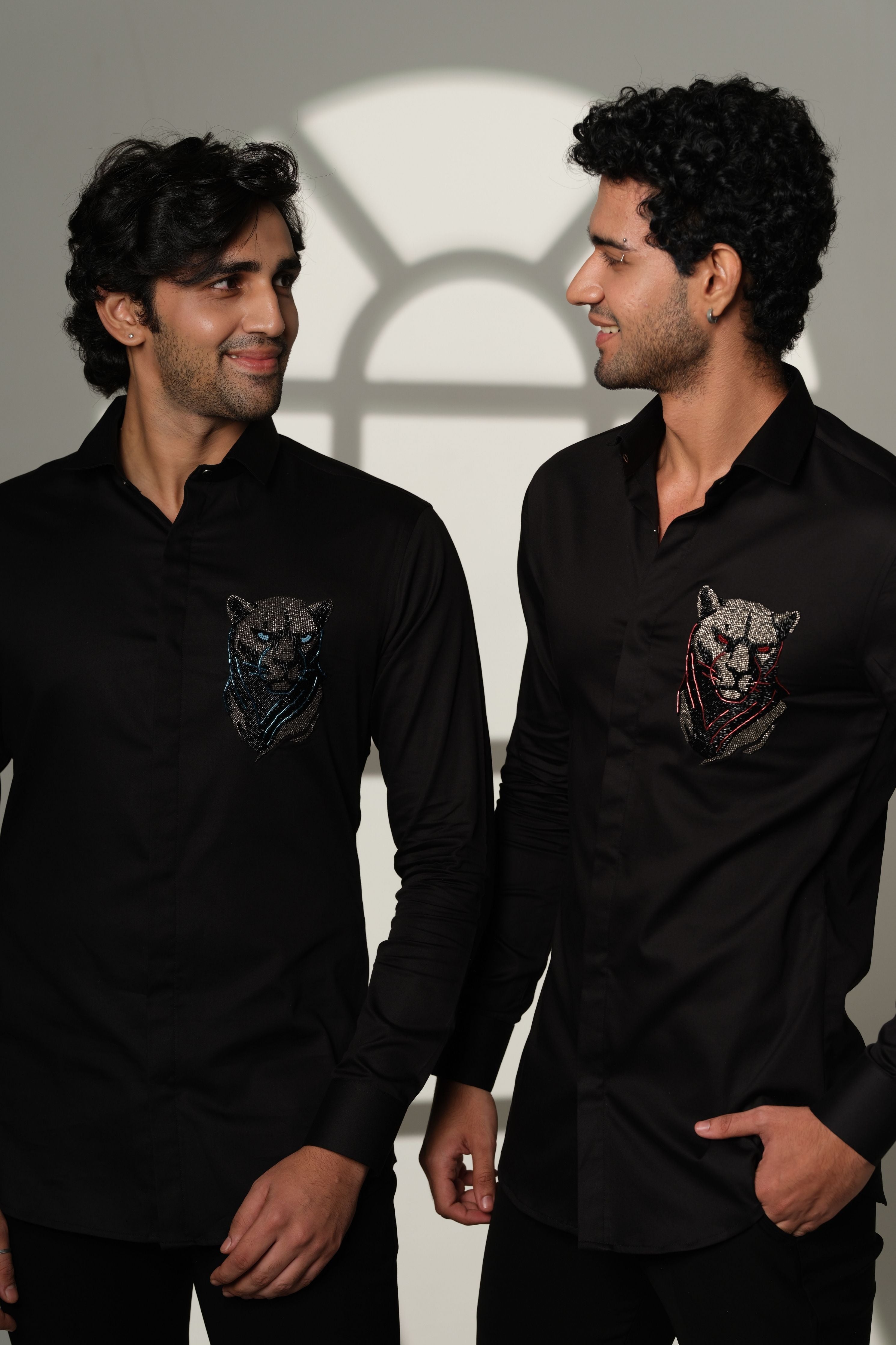 Black Shirt With 3D Panther With Red Eye On Pocket Square