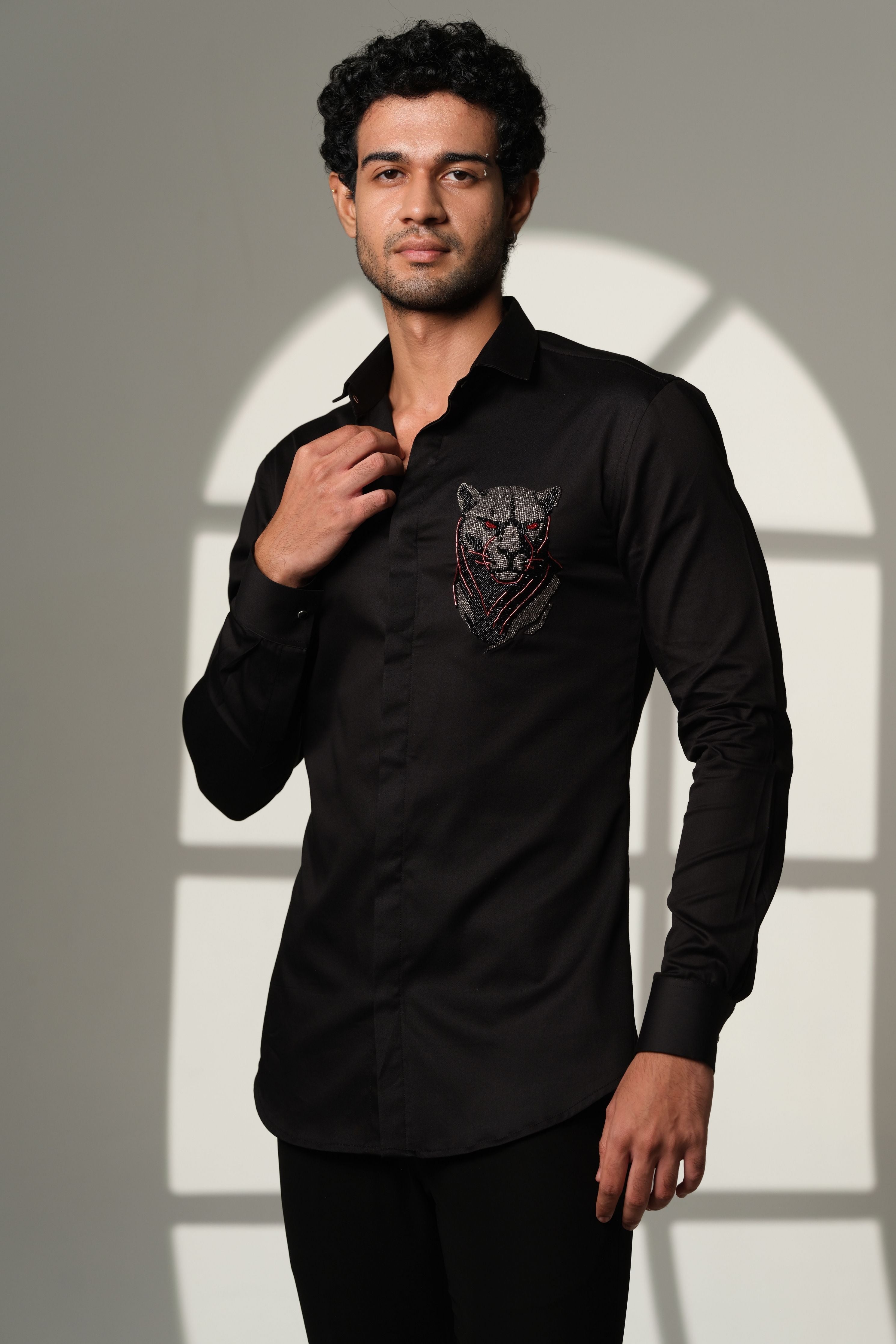 Black Shirt With 3D Panther With Red Eye On Pocket Square