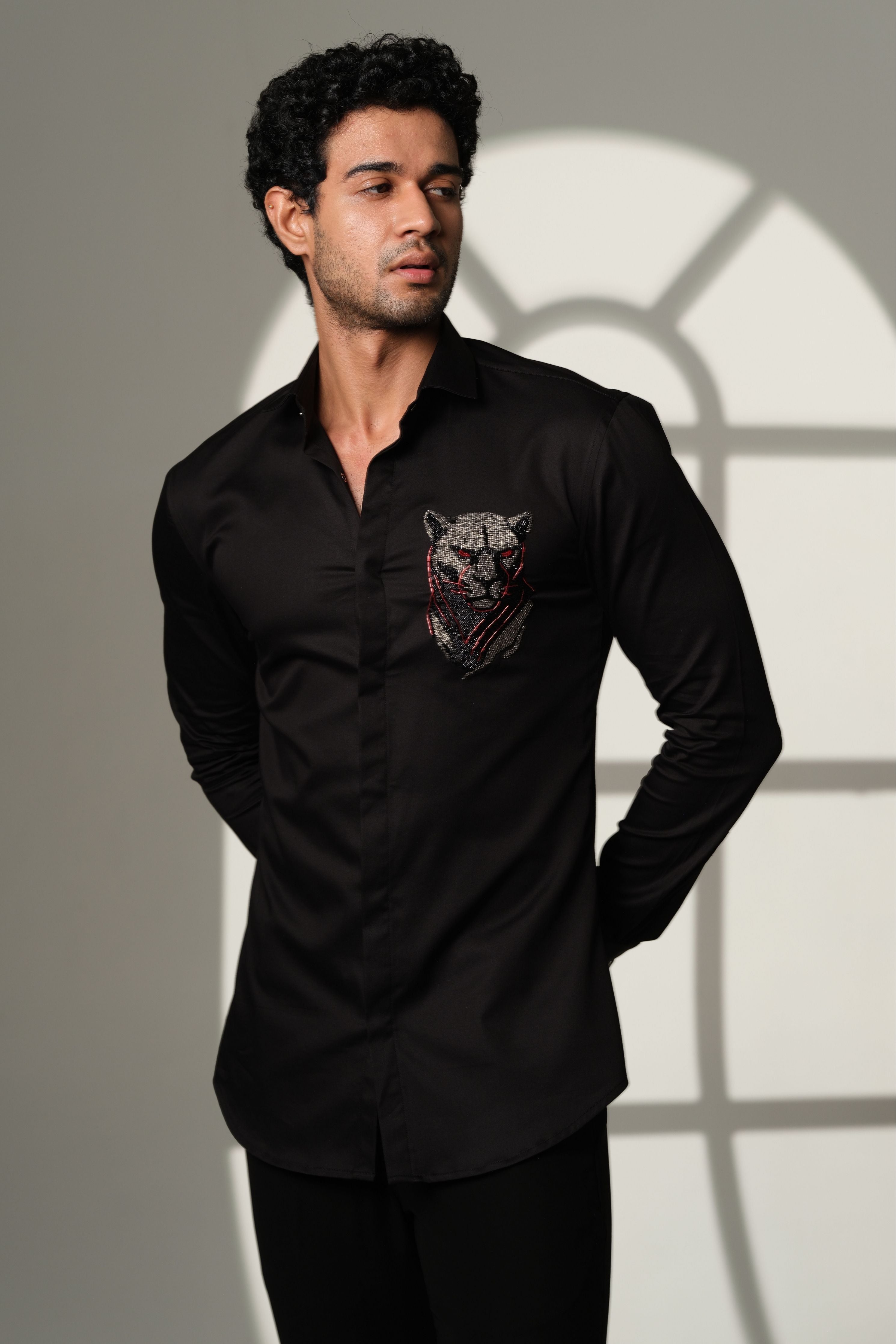 Black Shirt With 3D Panther With Red Eye On Pocket Square