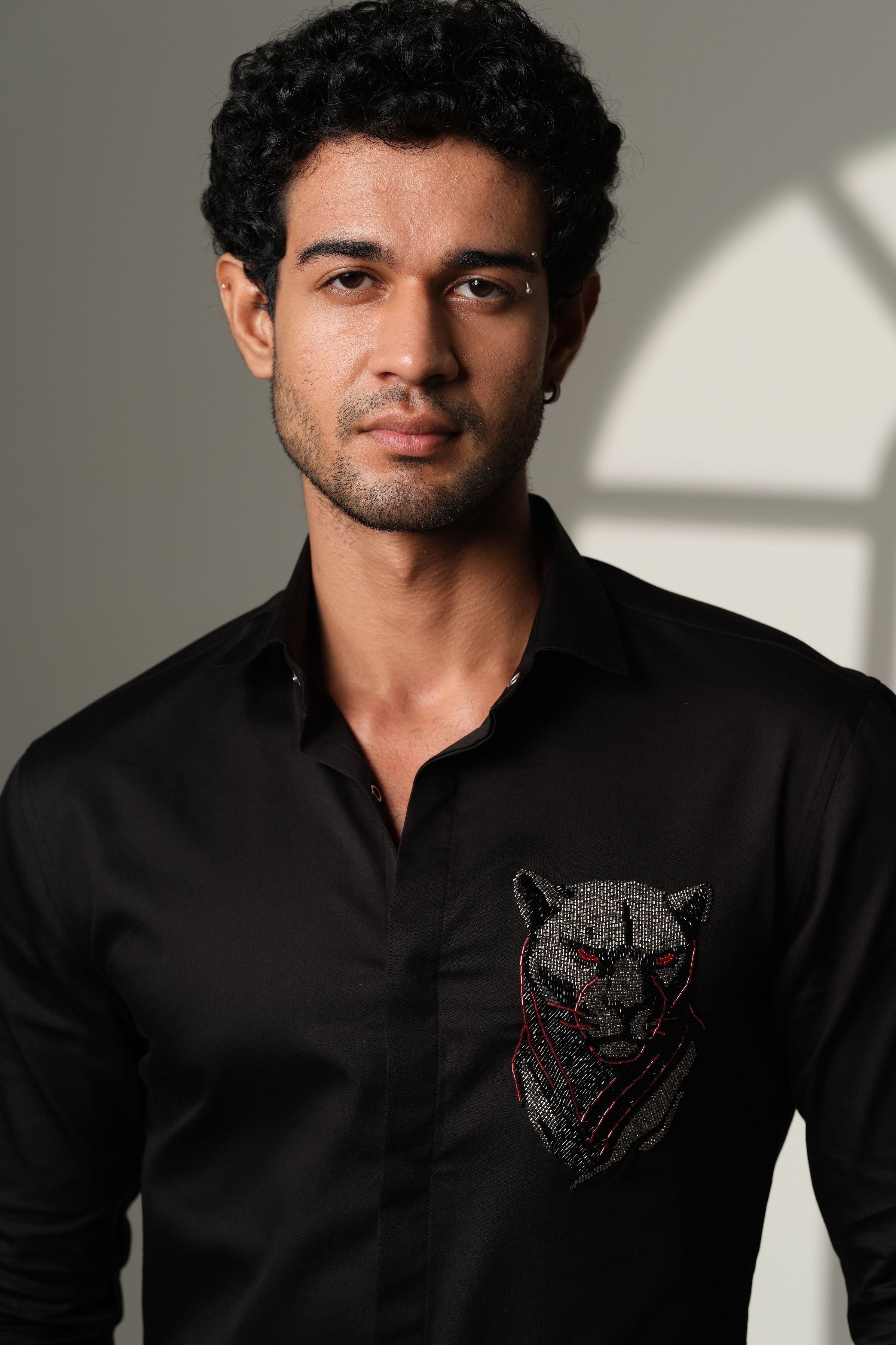 Black Shirt With 3D Panther With Red Eye On Pocket Square