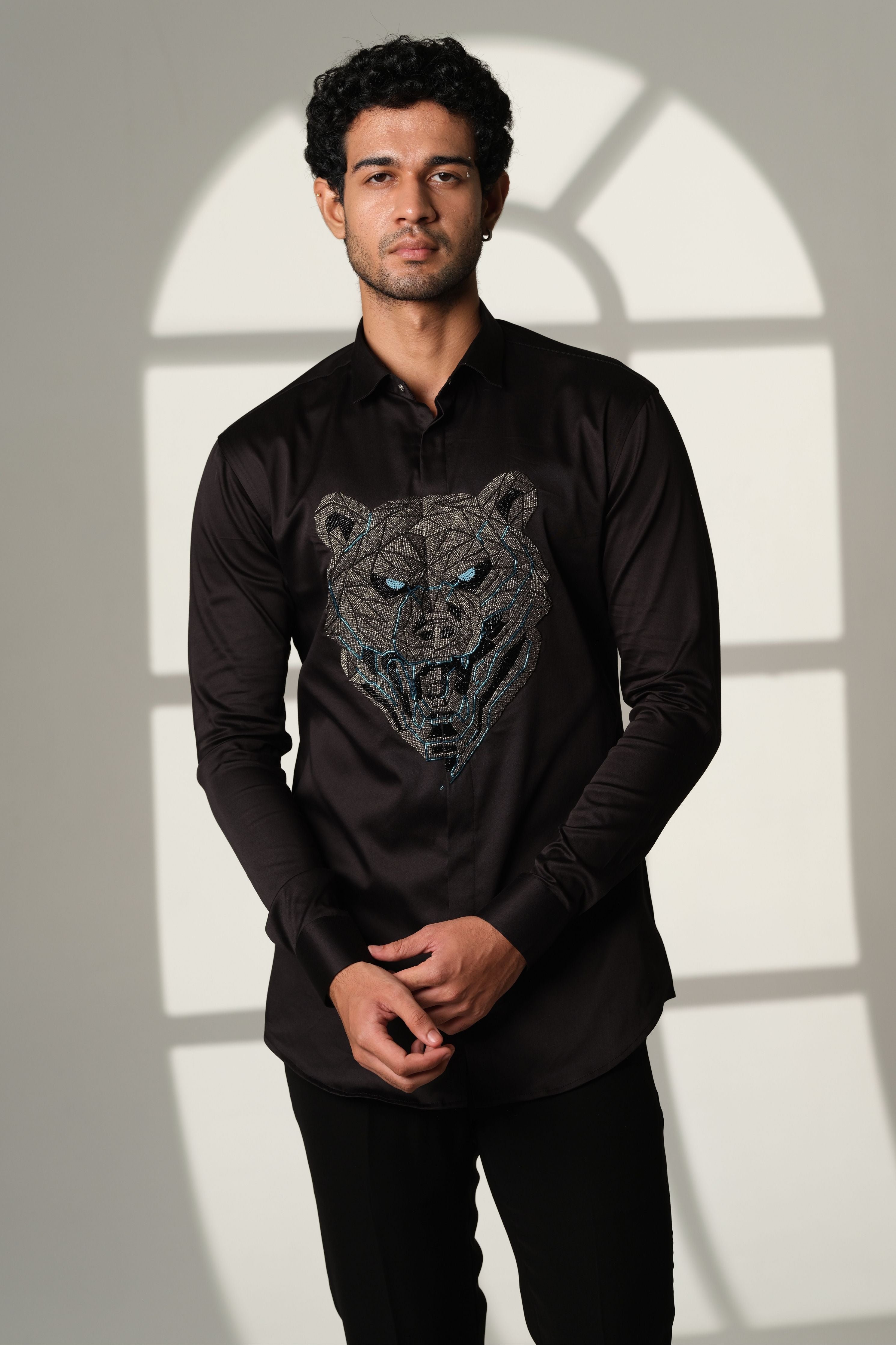 Black Shirt With Gun Metal Bear With Blue Eyes On Center