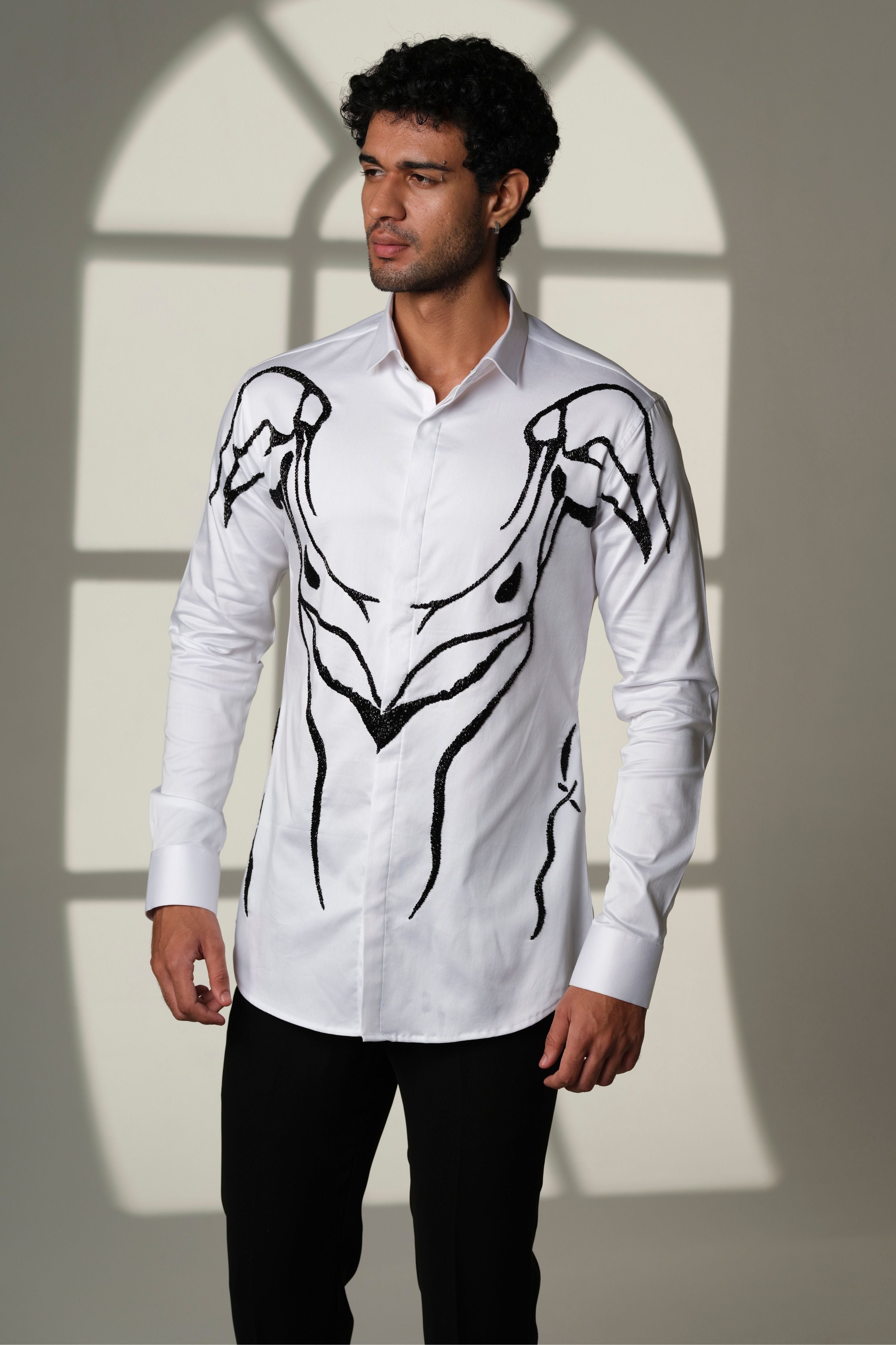 Ivory Armor- White Shirt With Hand Embroidered Abstract Crest