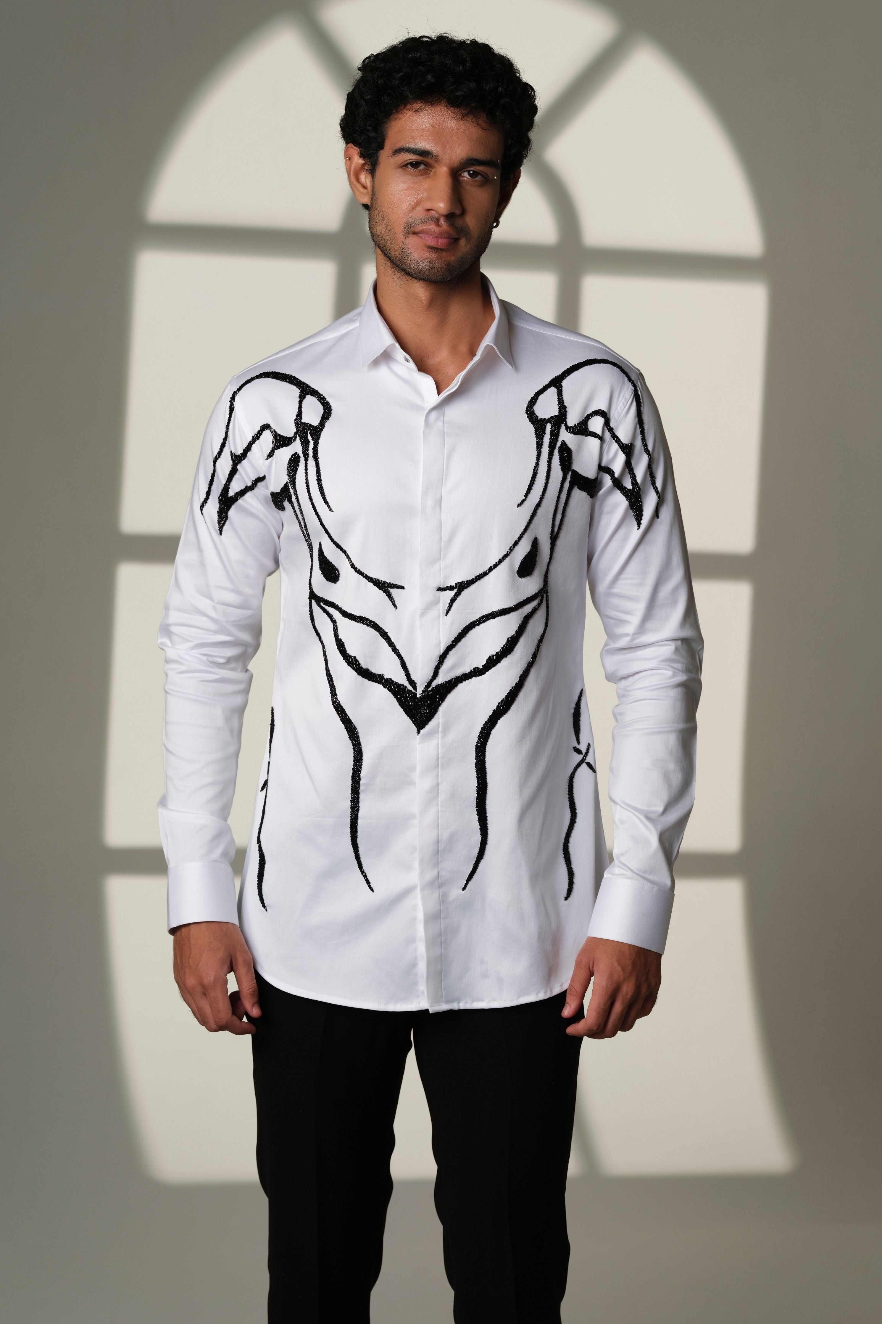 Ivory Armor- White Shirt With Hand Embroidered Abstract Crest