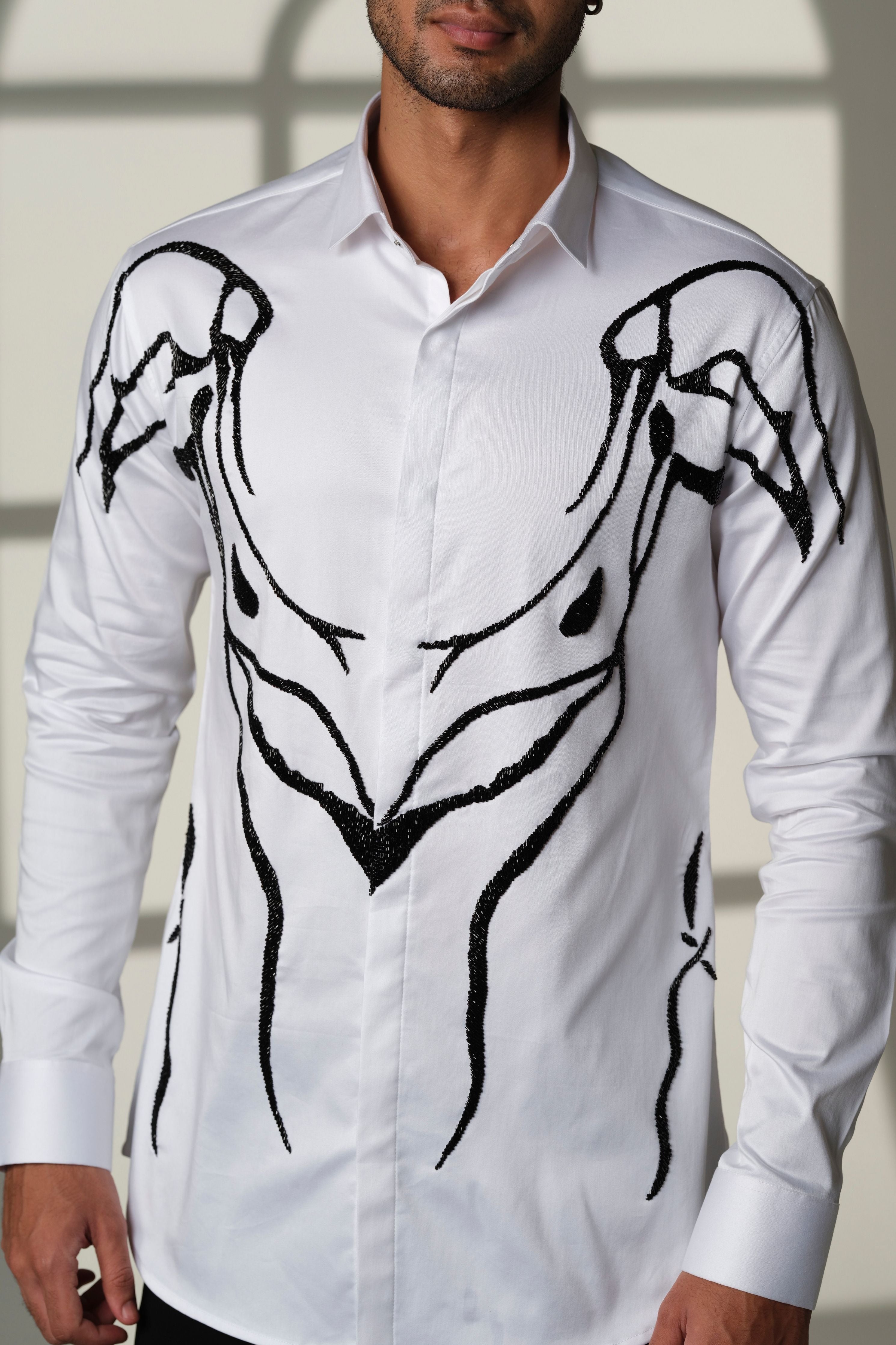 Ivory Armor- White Shirt With Hand Embroidered Abstract Crest