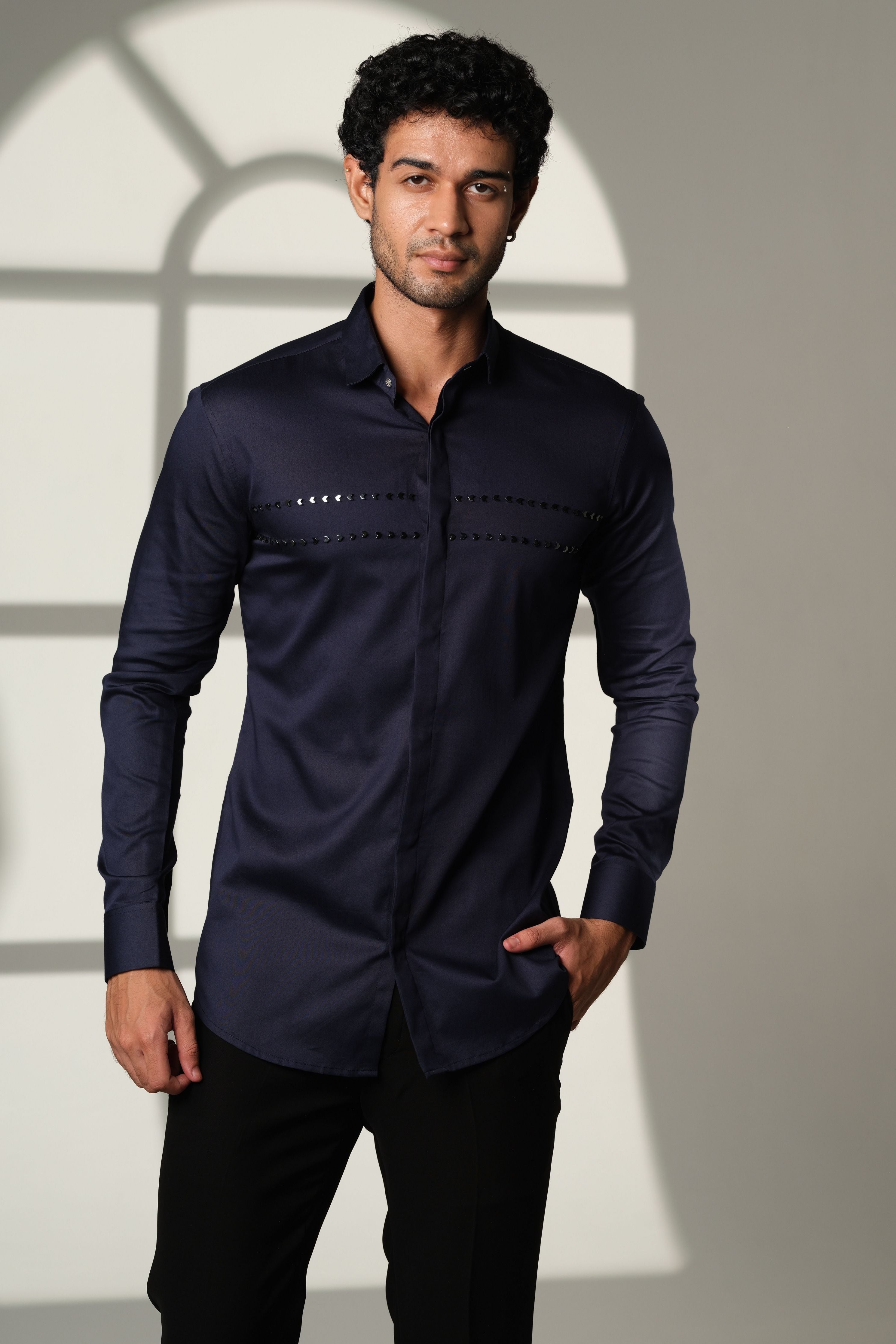 Navy Blue Shirt With Double Parallel Arrow Embroidery