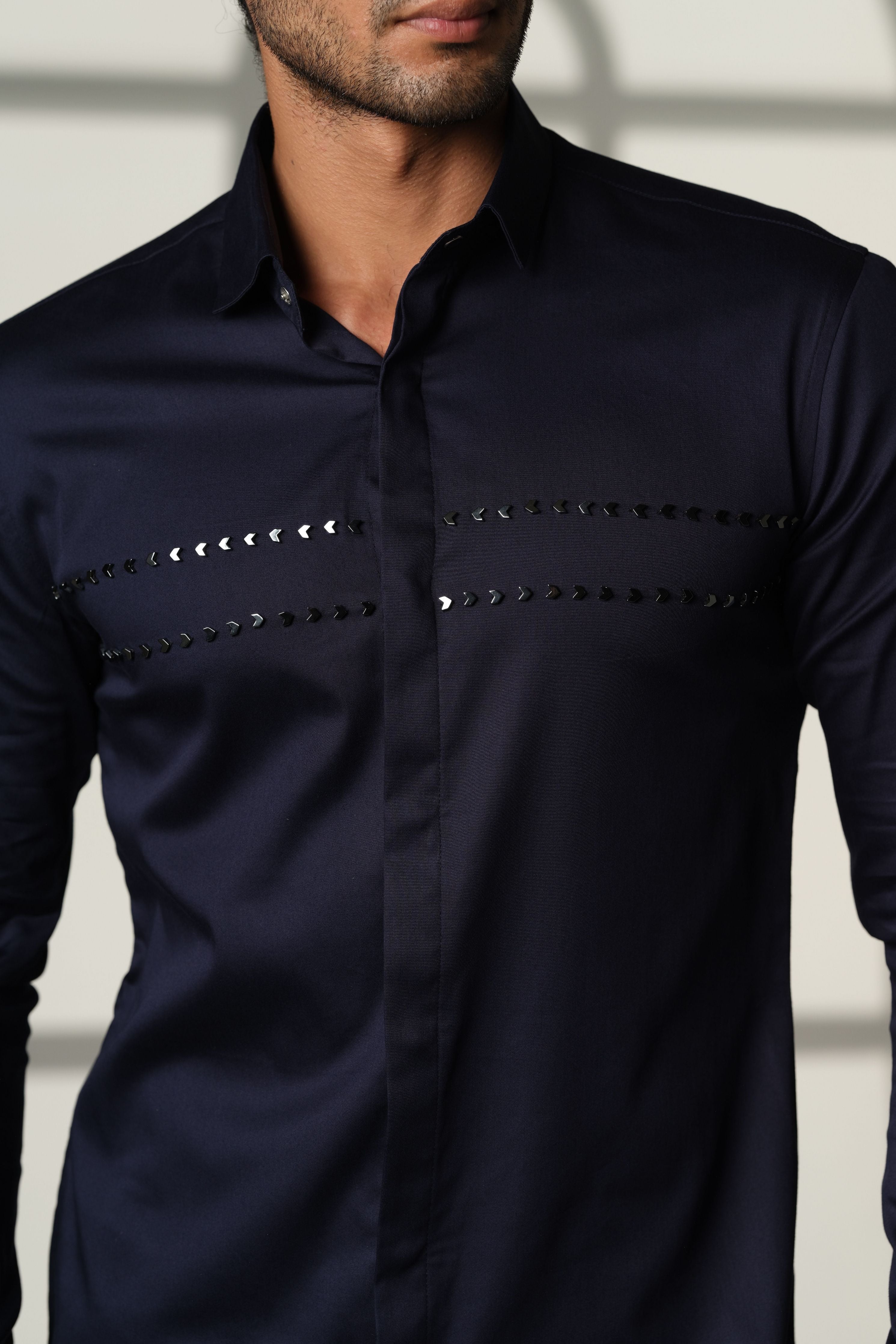 Navy Blue Shirt With Double Parallel Arrow Embroidery