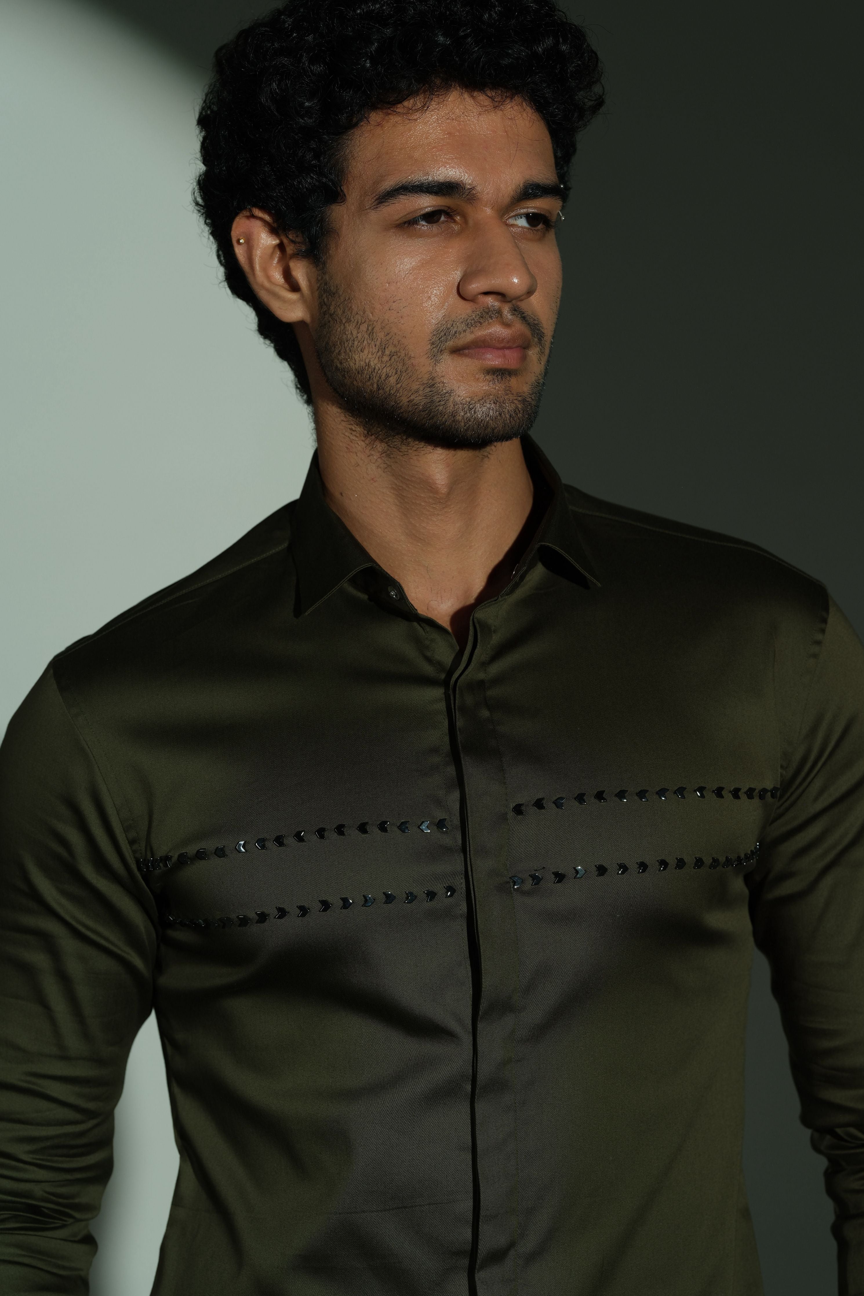 Olive Green Shirt With Double Parallel Arrow Embroidery