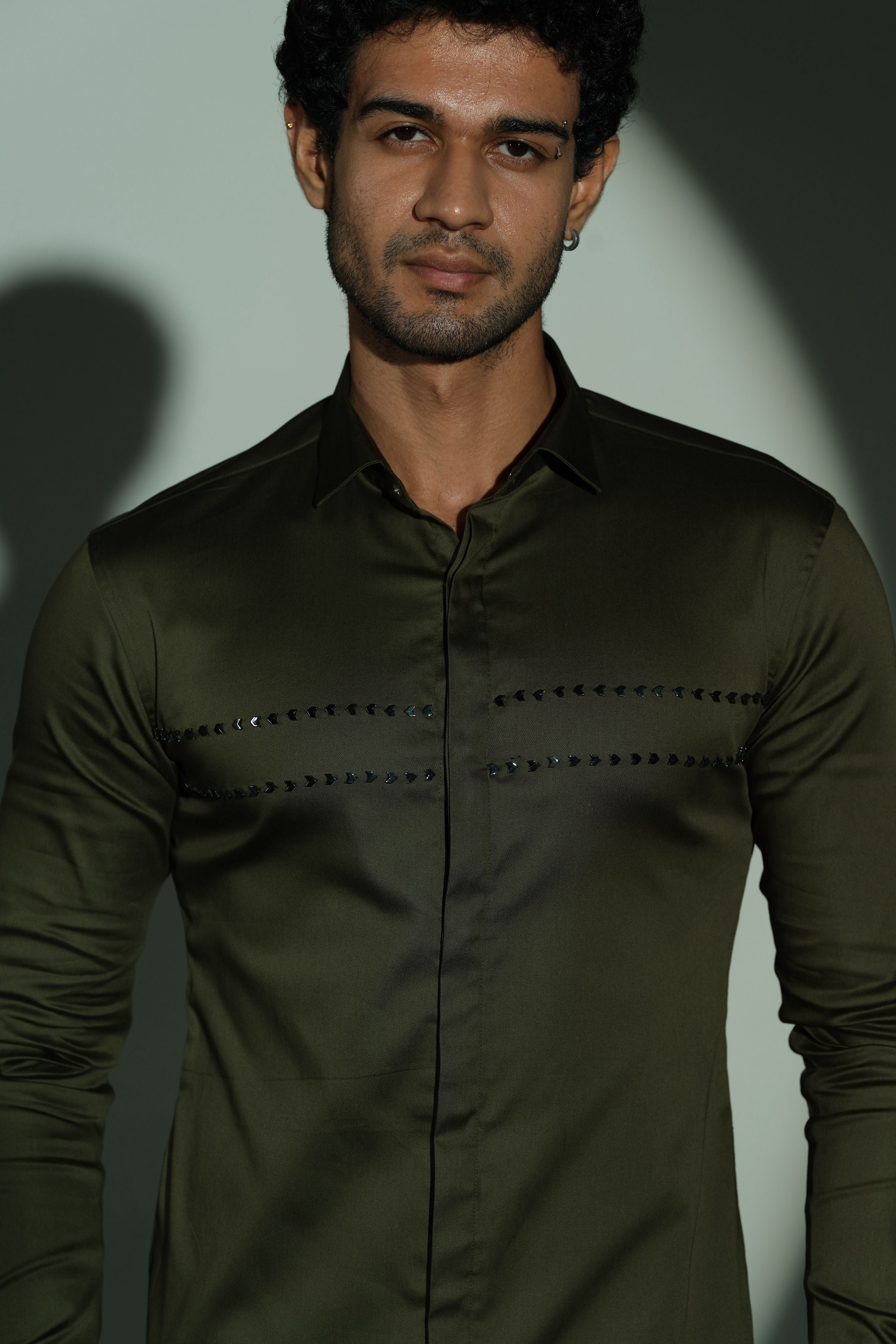 Olive Green Shirt With Double Parallel Arrow Embroidery