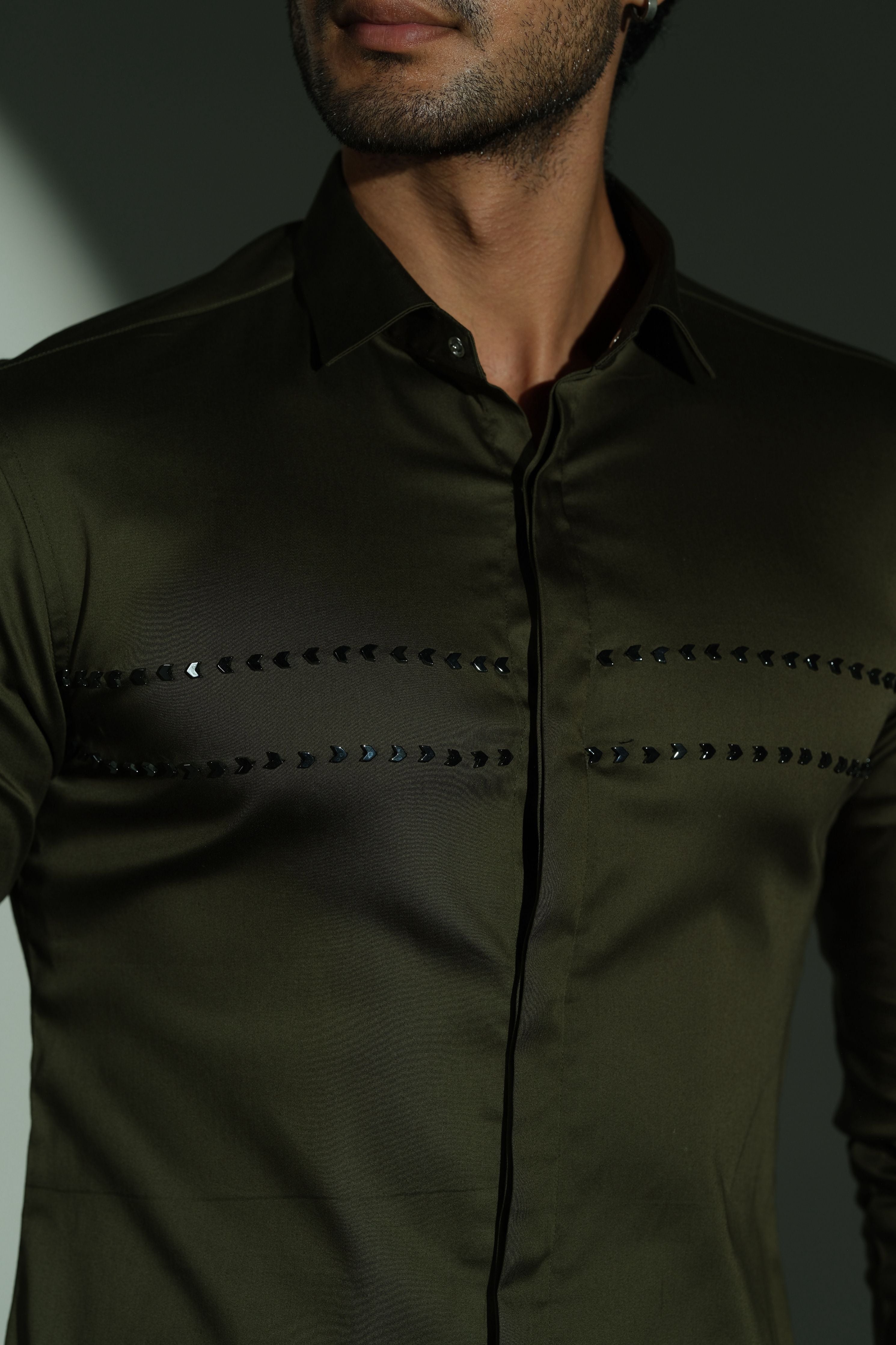 Olive Green Shirt With Double Parallel Arrow Embroidery