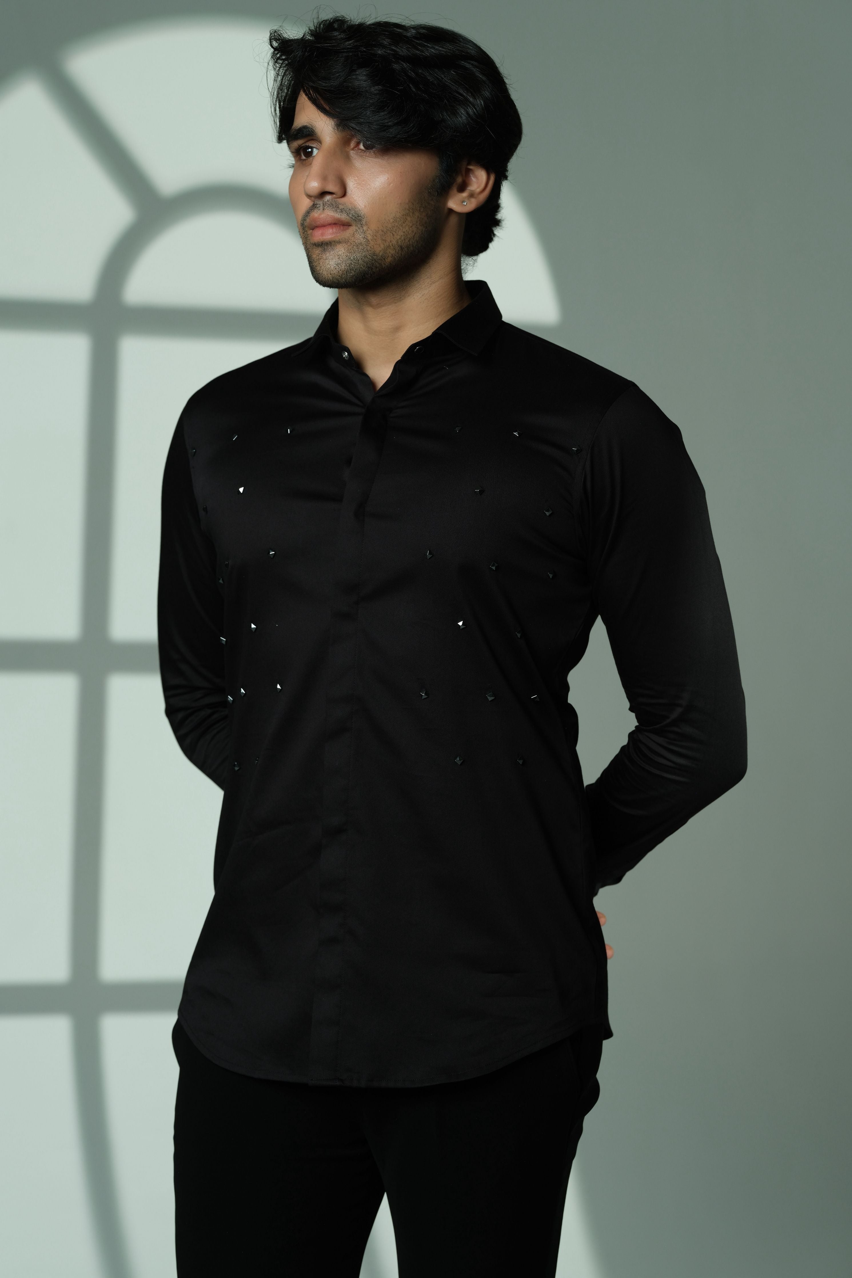 Pyramid Polka- Black Shirt With Onyx Stud Embellisment