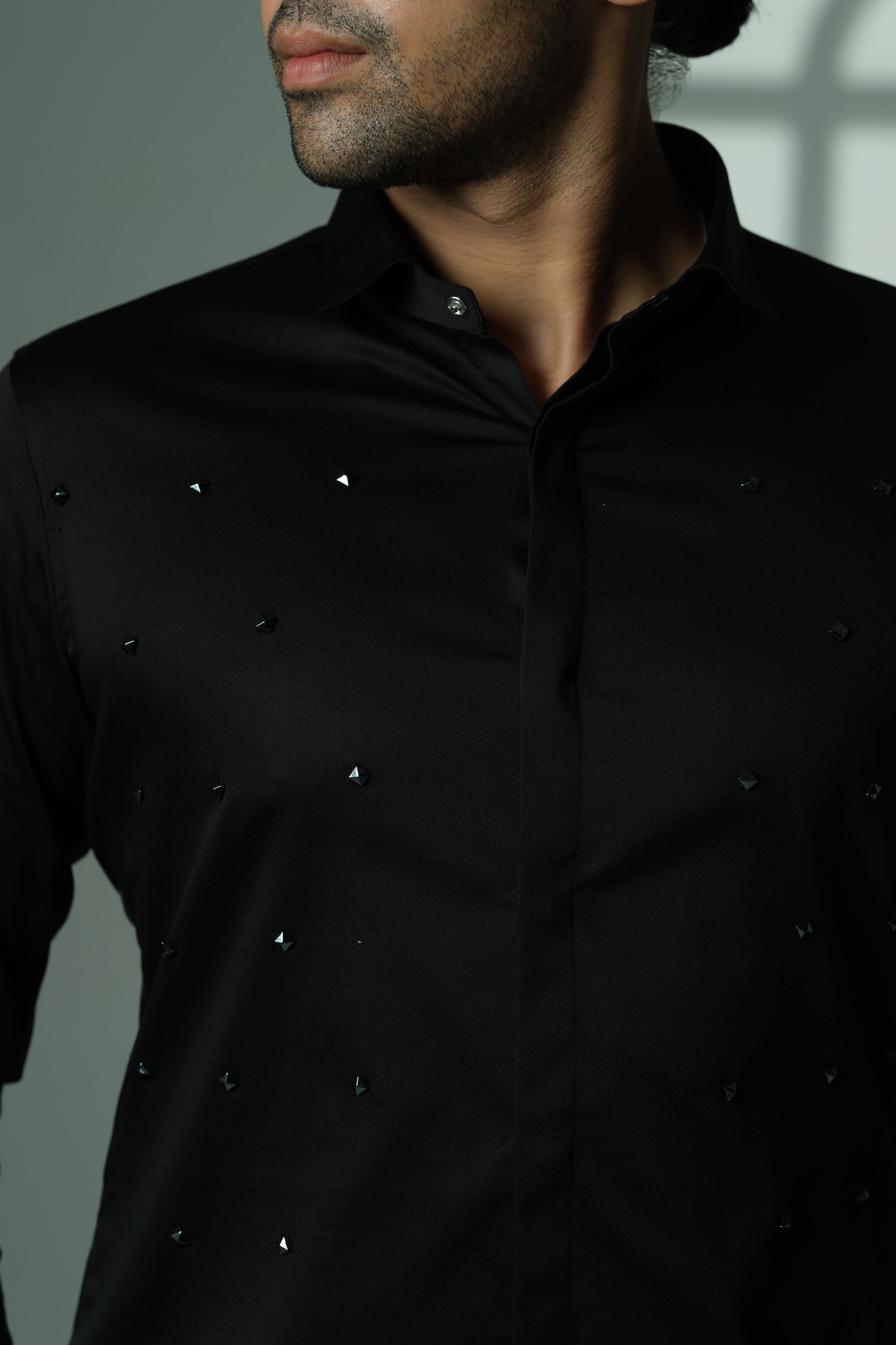 Pyramid Polka- Black Shirt With Onyx Stud Embellisment