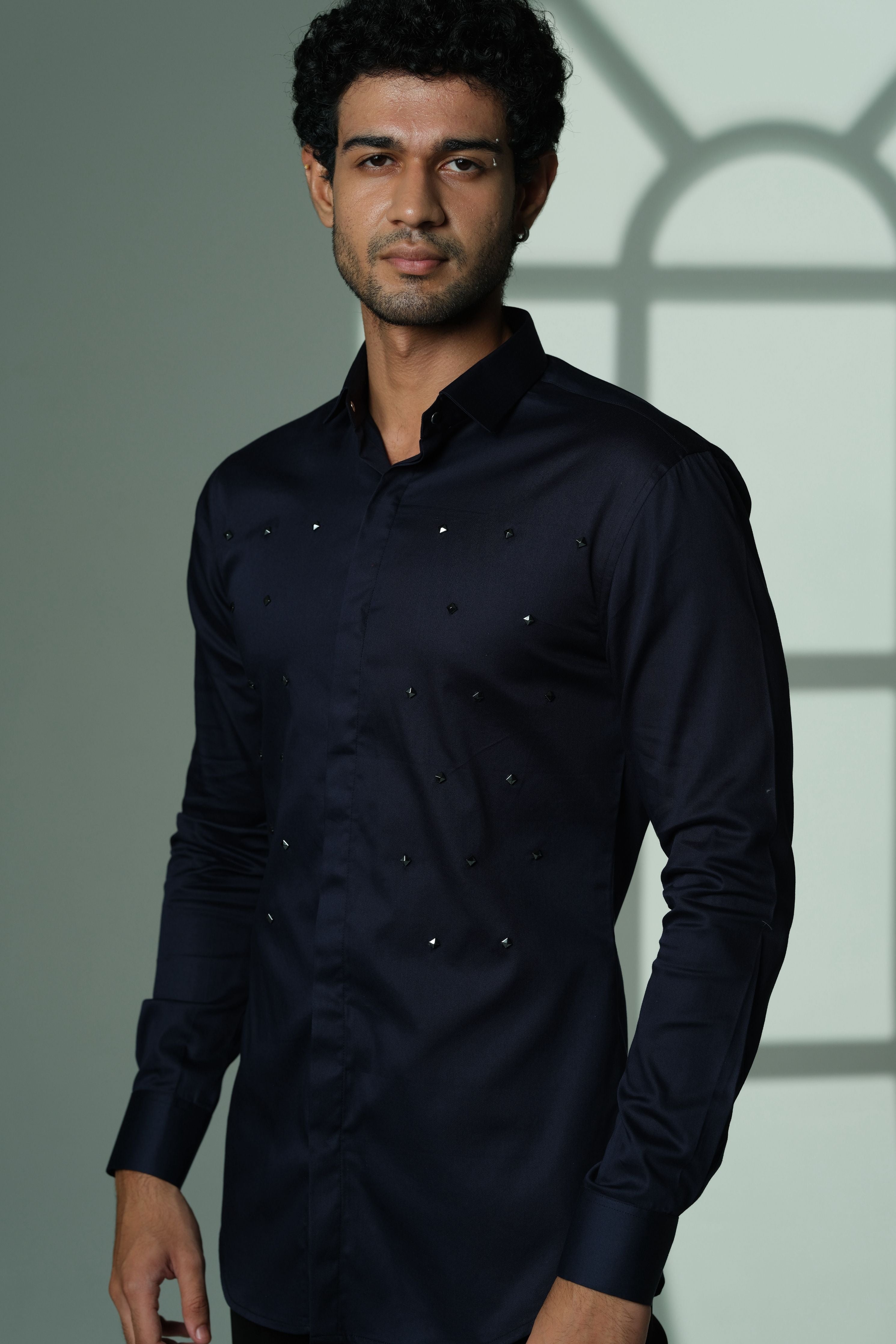 Pyramid Polka- Navy Blue Shirt With Onyx Stud Embellisment