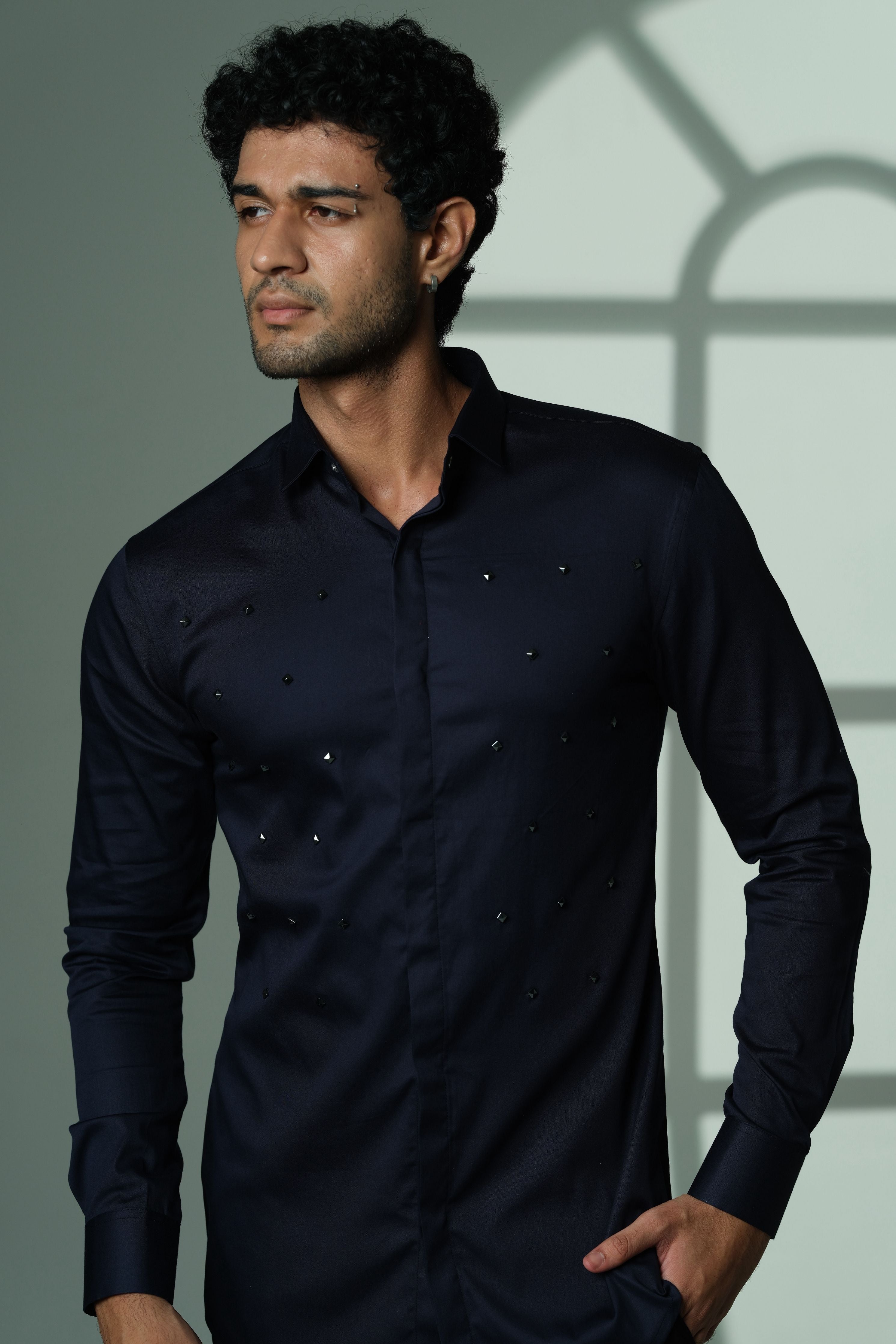 Pyramid Polka- Navy Blue Shirt With Onyx Stud Embellisment