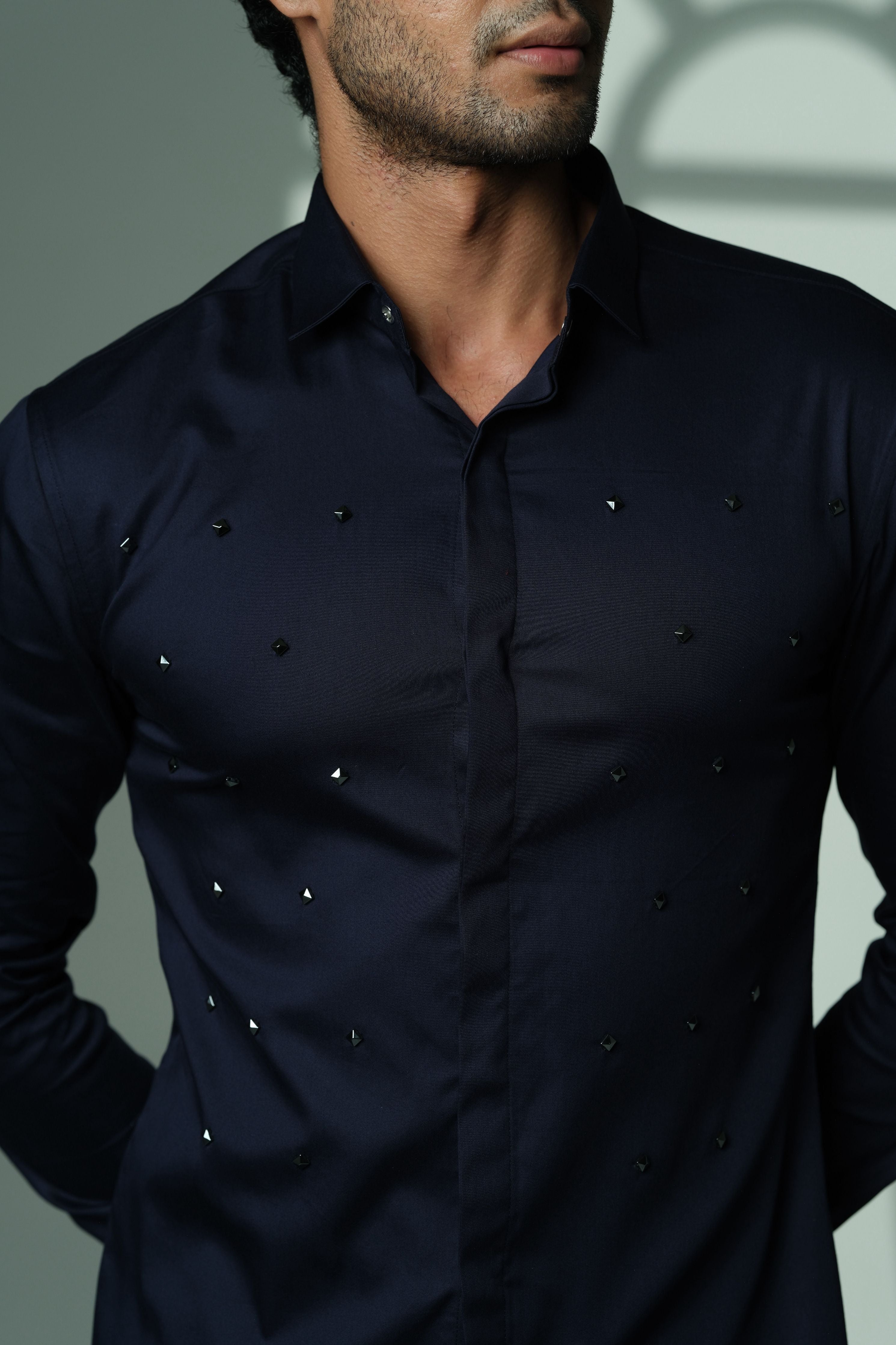 Pyramid Polka- Navy Blue Shirt With Onyx Stud Embellisment