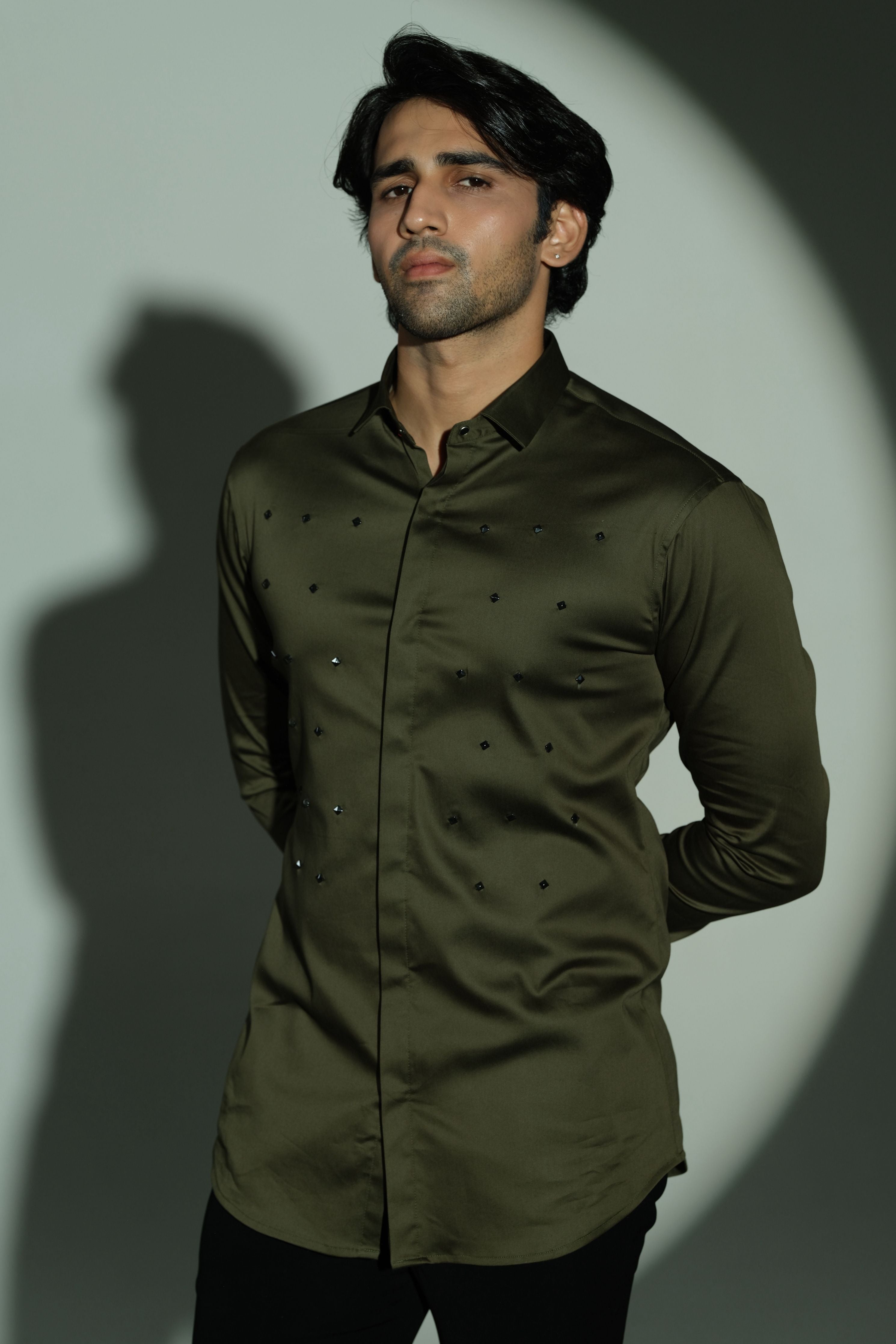 Pyramid Polka- Olive Green Shirt With Onyx Stud Embellisment