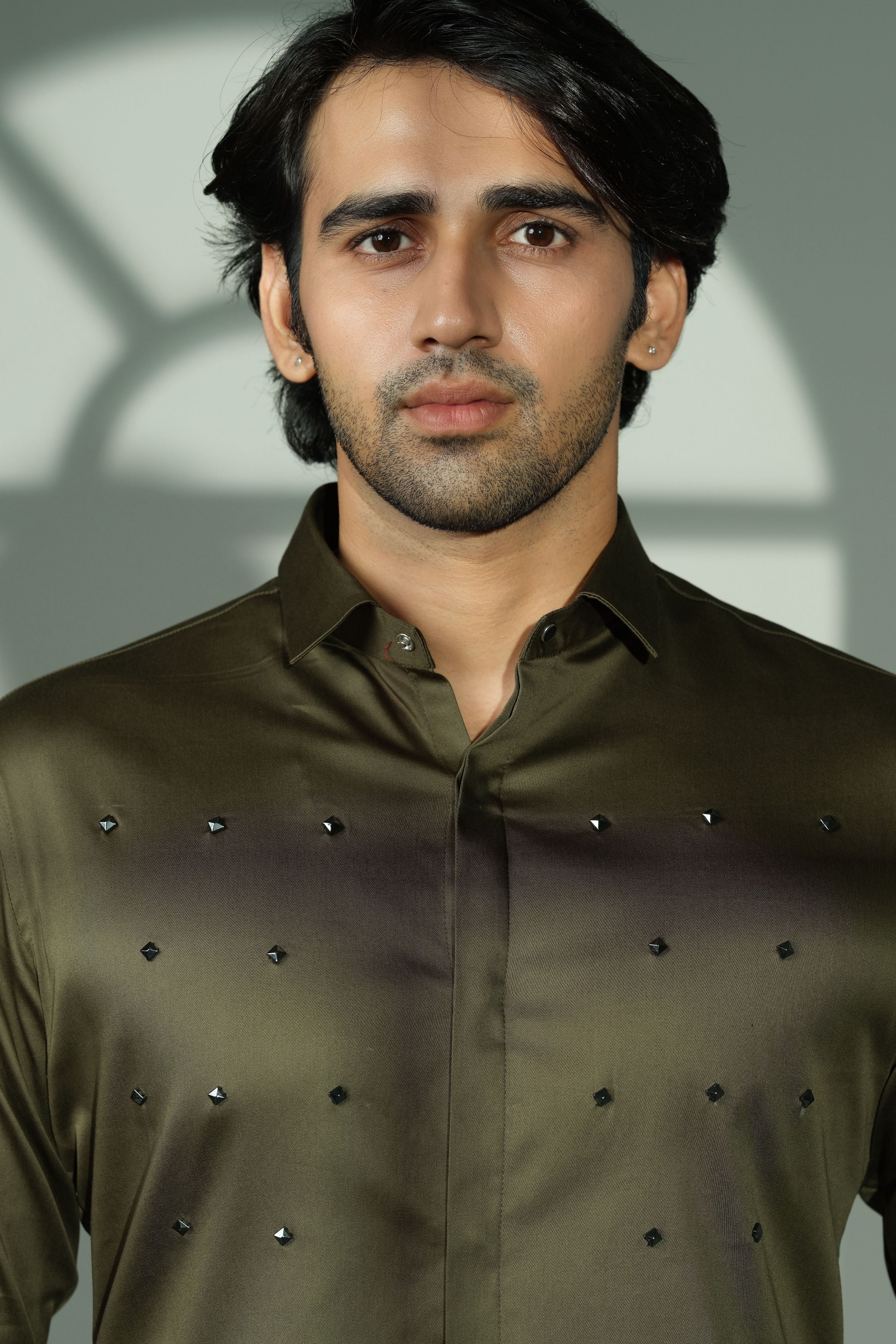 Pyramid Polka- Olive Green Shirt With Onyx Stud Embellisment