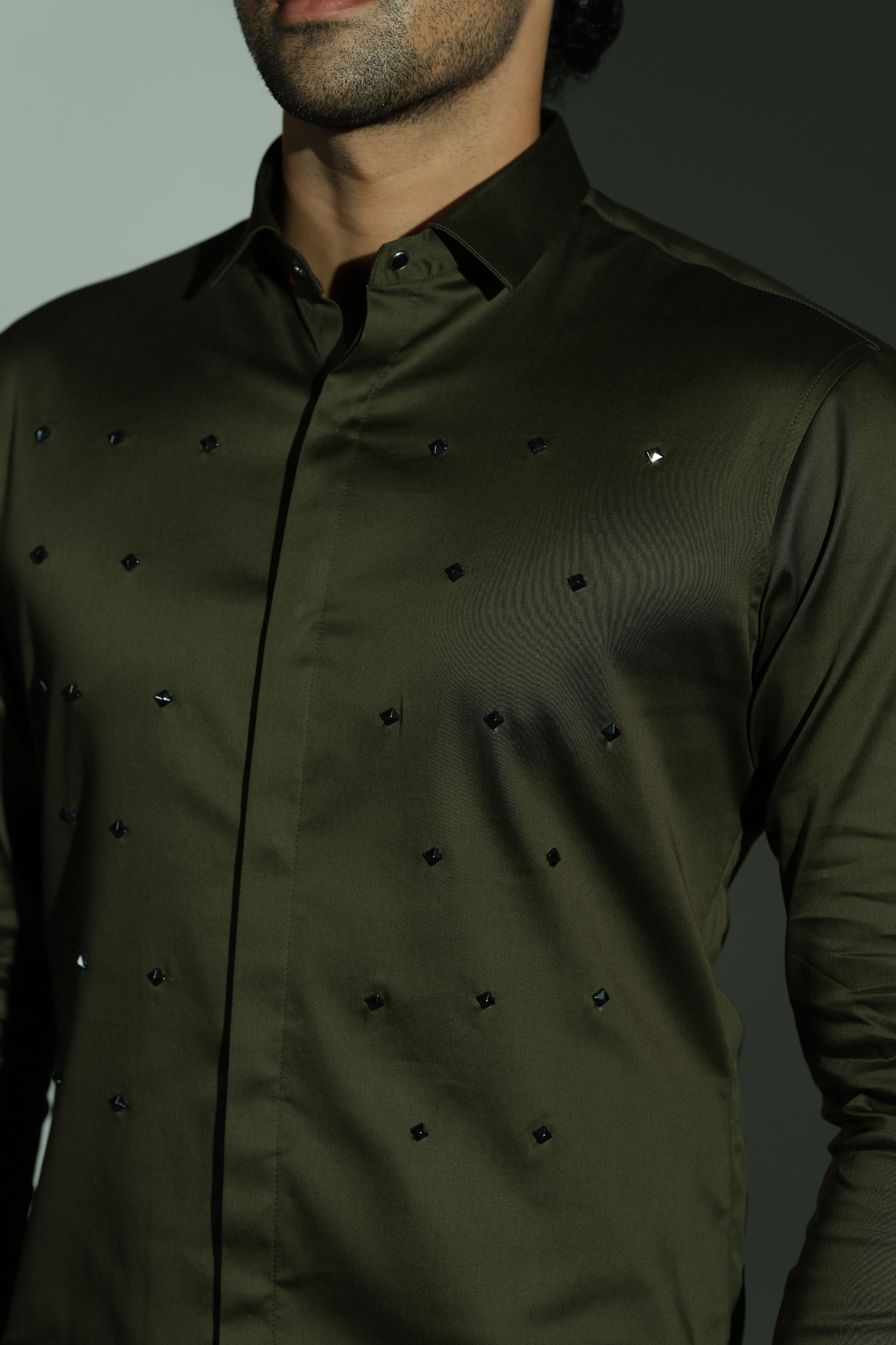 Pyramid Polka- Olive Green Shirt With Onyx Stud Embellisment