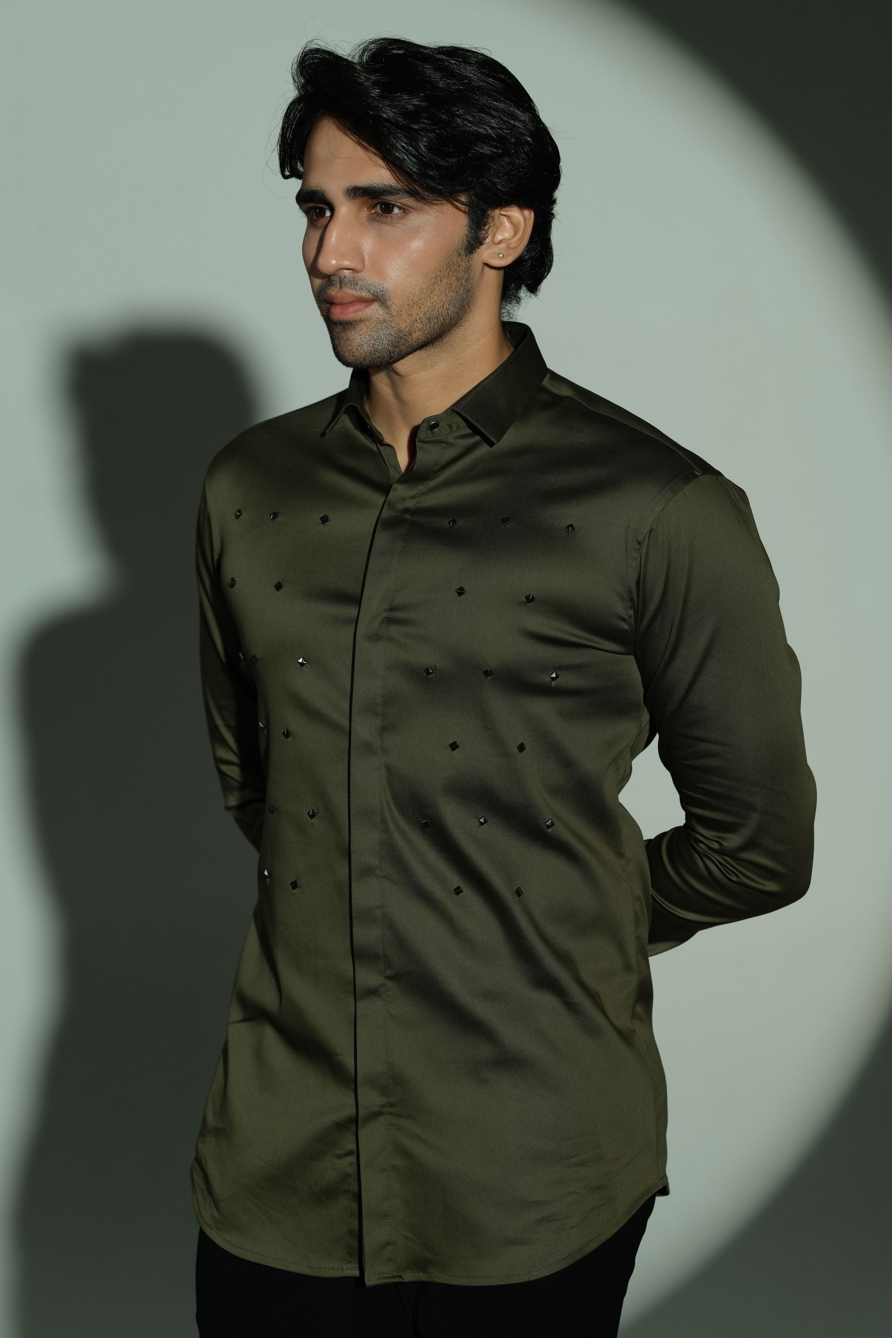 Pyramid Polka- Olive Green Shirt With Onyx Stud Embellisment