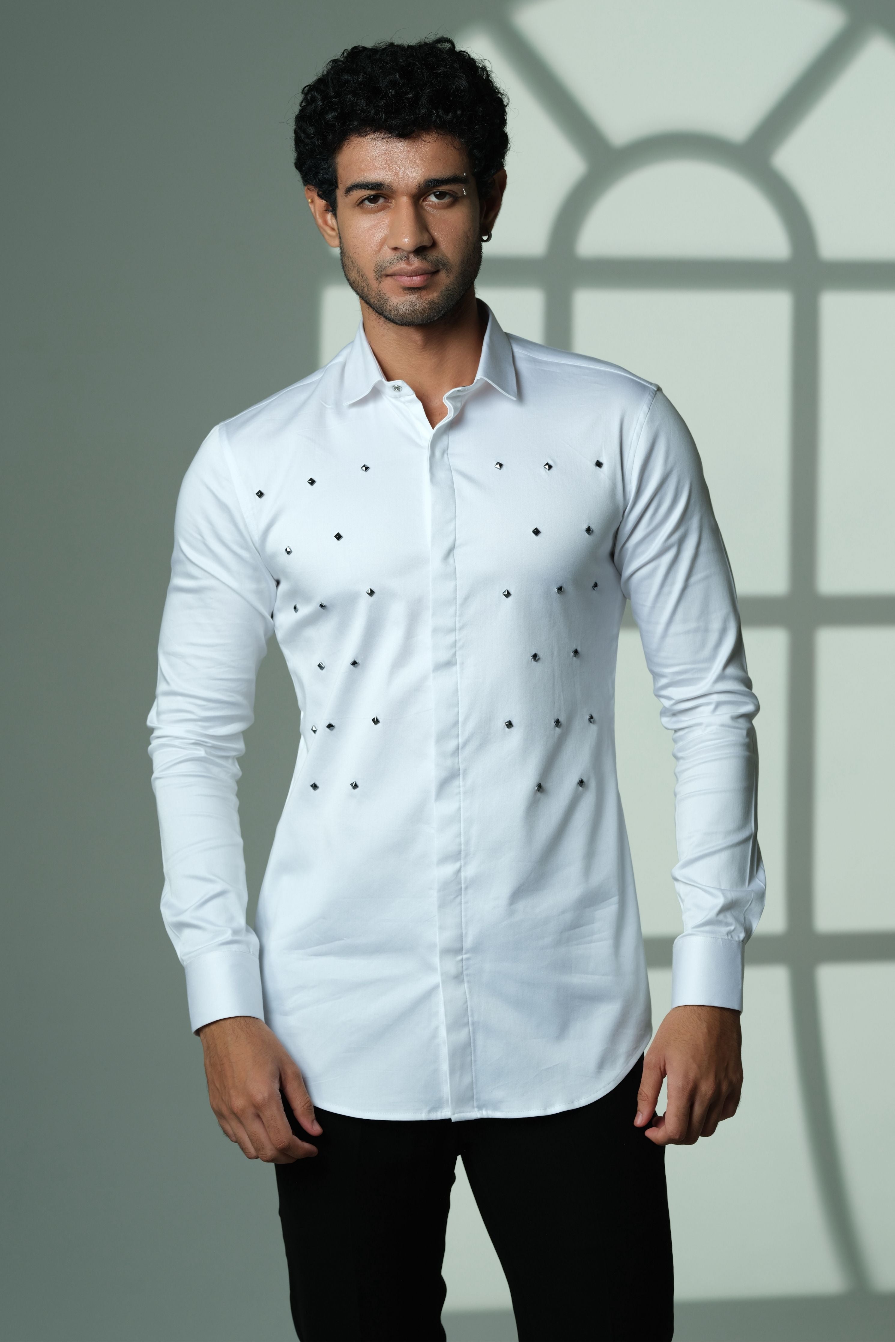 Pyramid Polka- White Shirt With Onyx Stud Embellisment